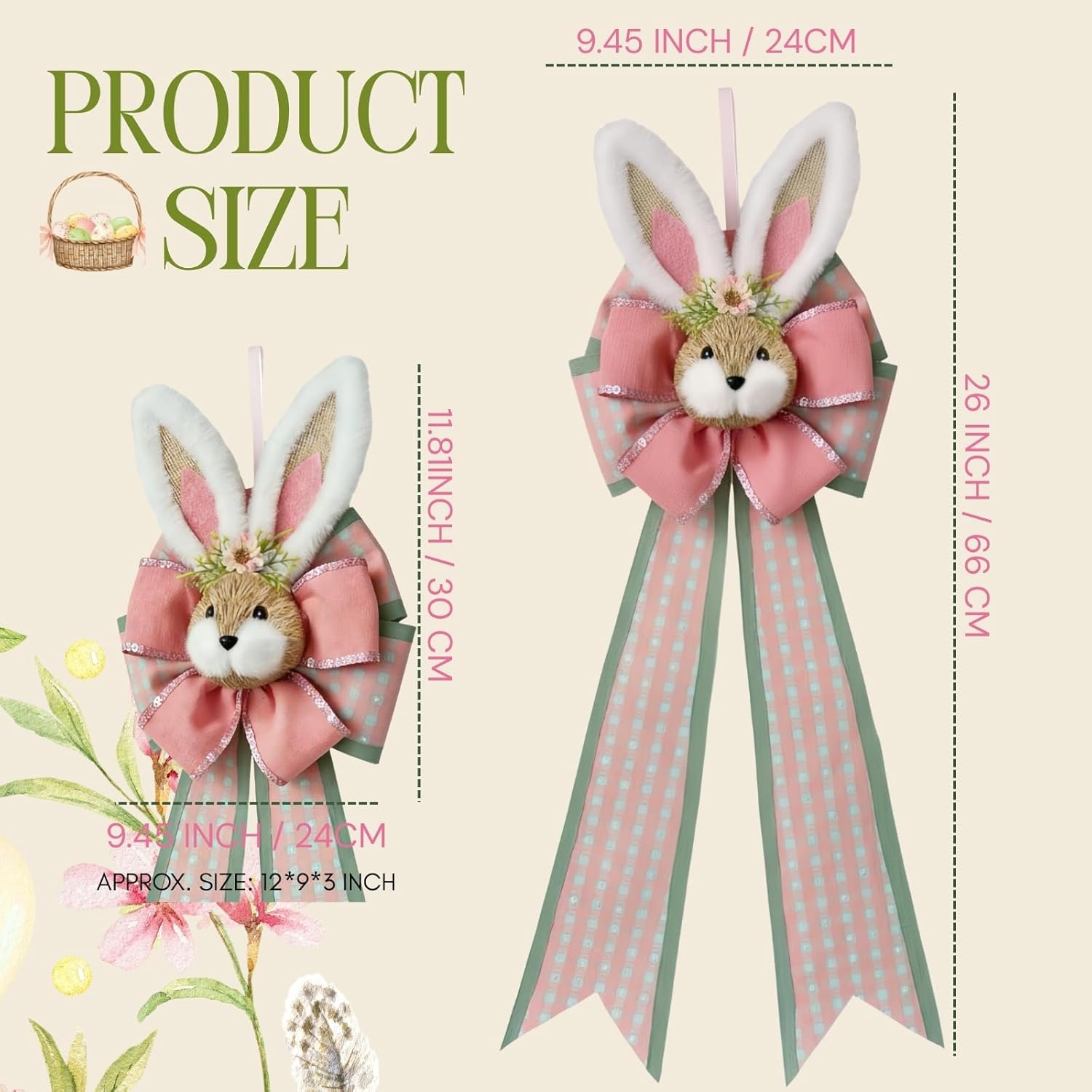 Easter Bunny Wreath Bow Decoration, Handmade Pink & Green Spring Door Hanger with Rabbit Ears, Farmhouse Easter Ribbon Bow for Front Door, Wall, Mantel Decor