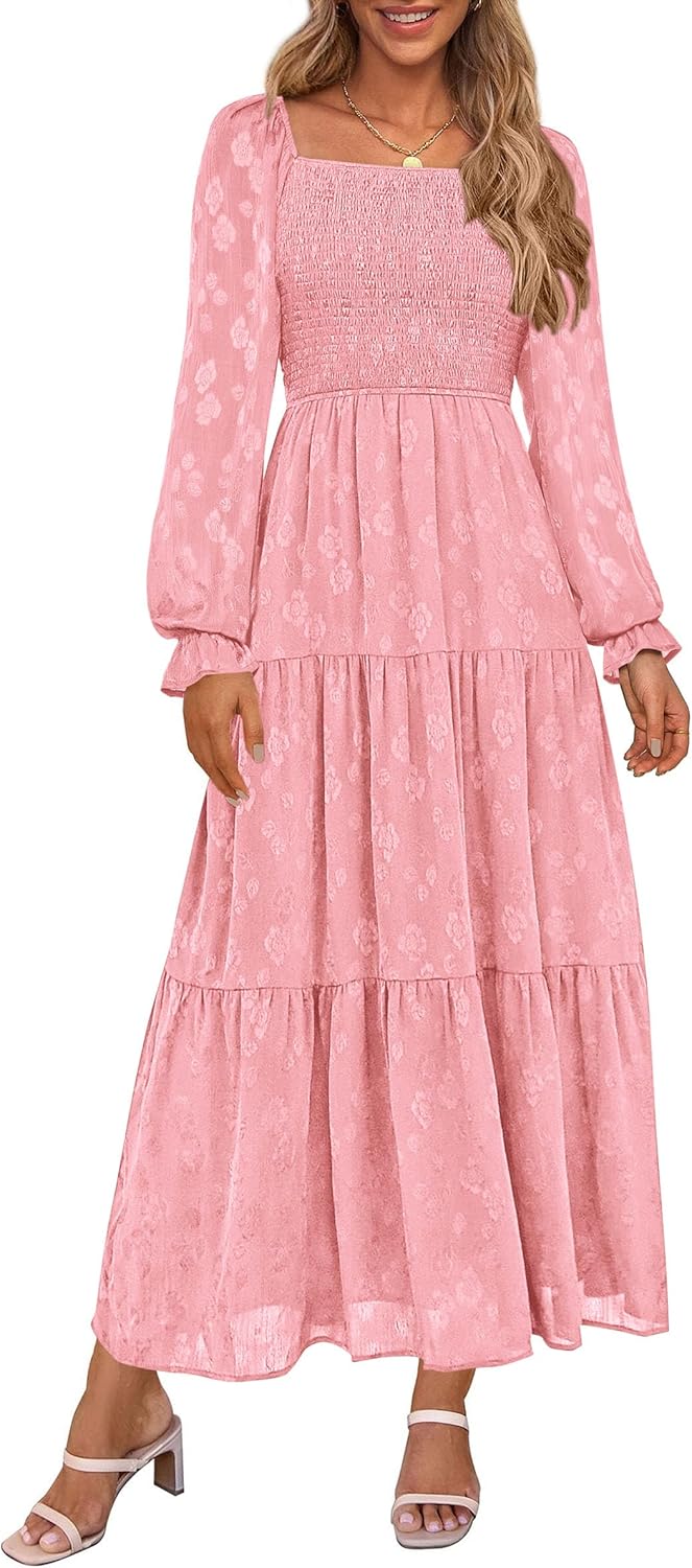PRETTYGARDEN Fall Wedding Guest Dresses for Women 2025 Floral Long Sleeve Smocked Tiered Elegant Long Flowy Boho Dress