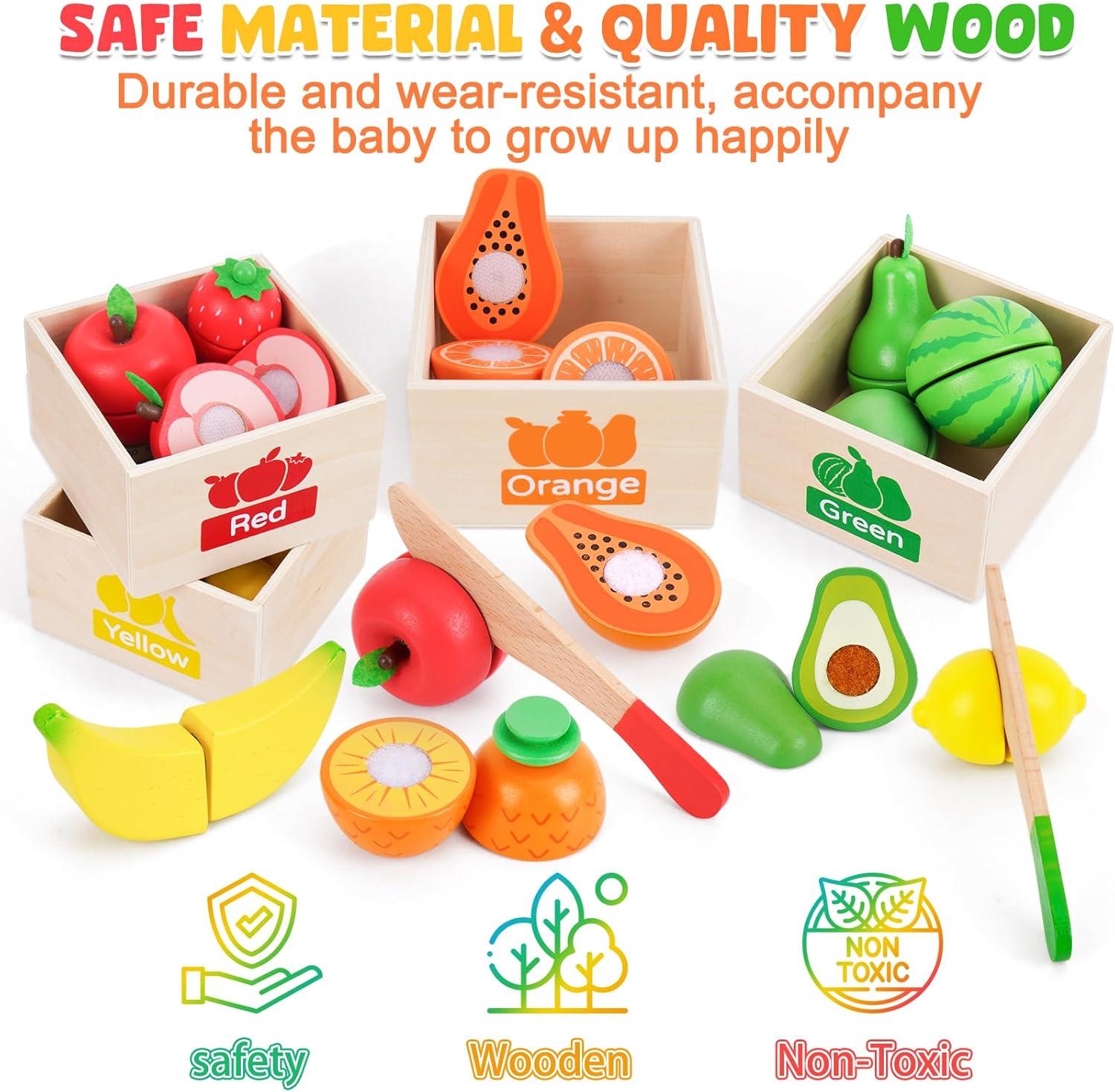 ATOYUS Wooden Play Food Set Toys for Toddlers 1-3, Kids Toy Play Kitchen Accessories, Cutting Fruits Pretend Food with Storage Boxes, Christmas Birthday Gifts for 1 2 3 Year Old Baby Boys Girls