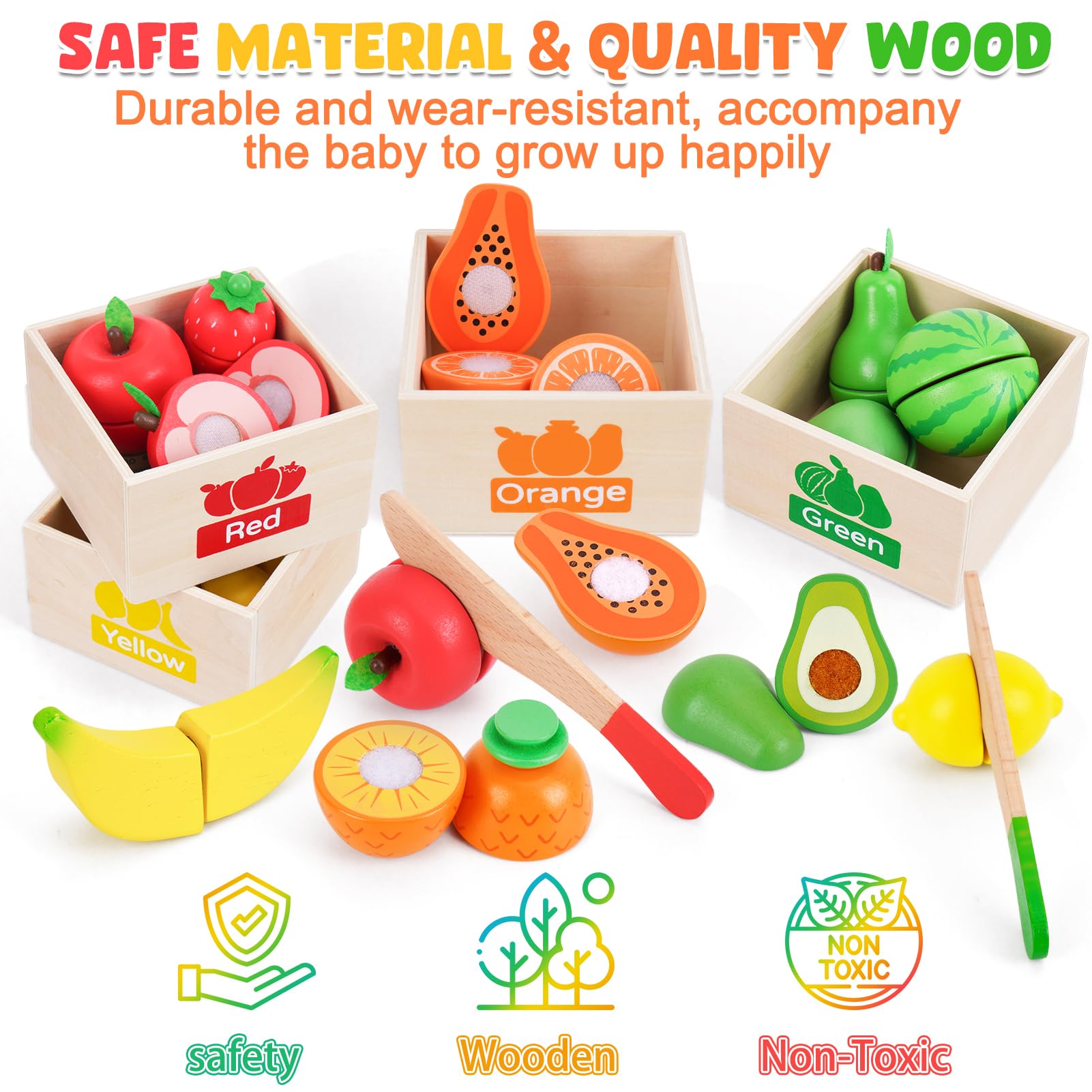 Juego de alimentos de madera para niños pequeños de 1 a 3 años, accesorios de cocina para cortar frutas, alimentos de simulación con cajas de almacenamiento, regalos de cumpleaños de Navidad 4