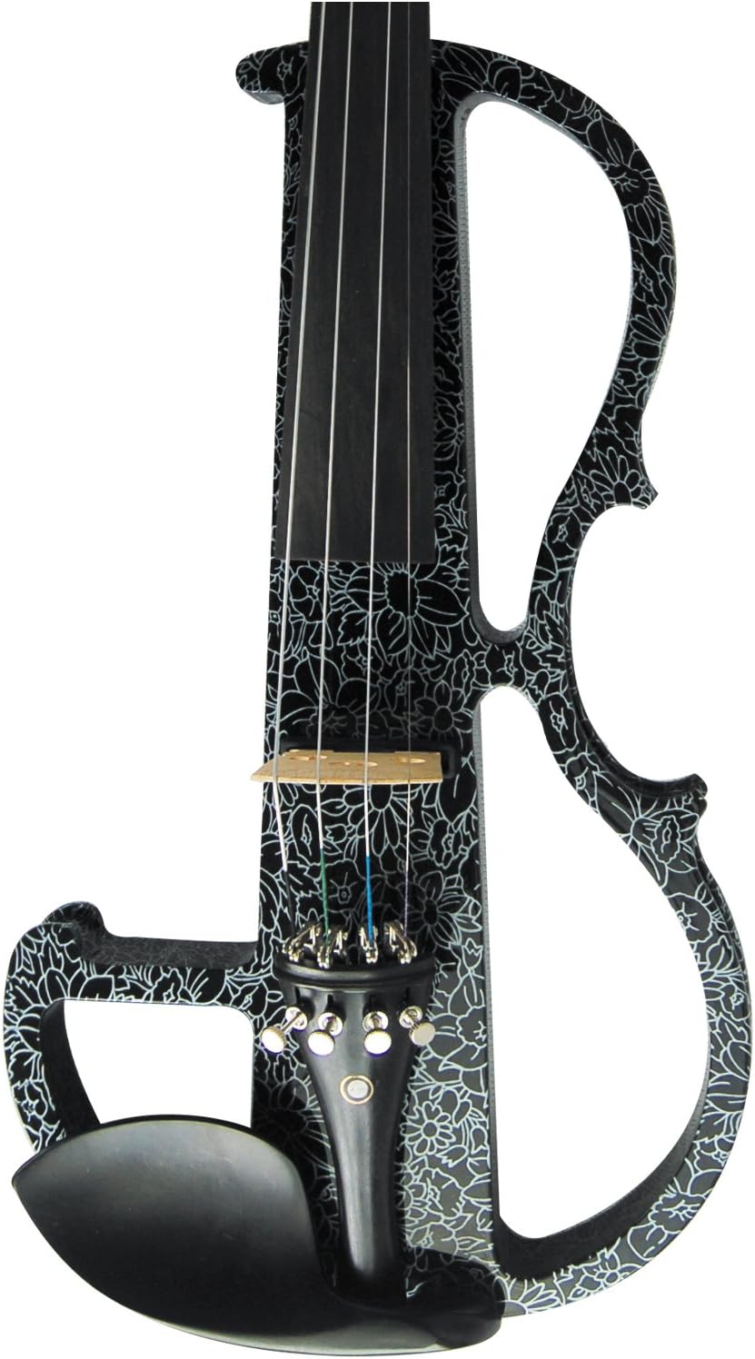 Aliyes Wood Electric Violin Full Size 4/4 Advanced Intermediate Electric Silent Art White Flowers Violin Kit With Case,Bow,Rosin,headphones,Shoulder Rest,Strings(ALDSG-1306)