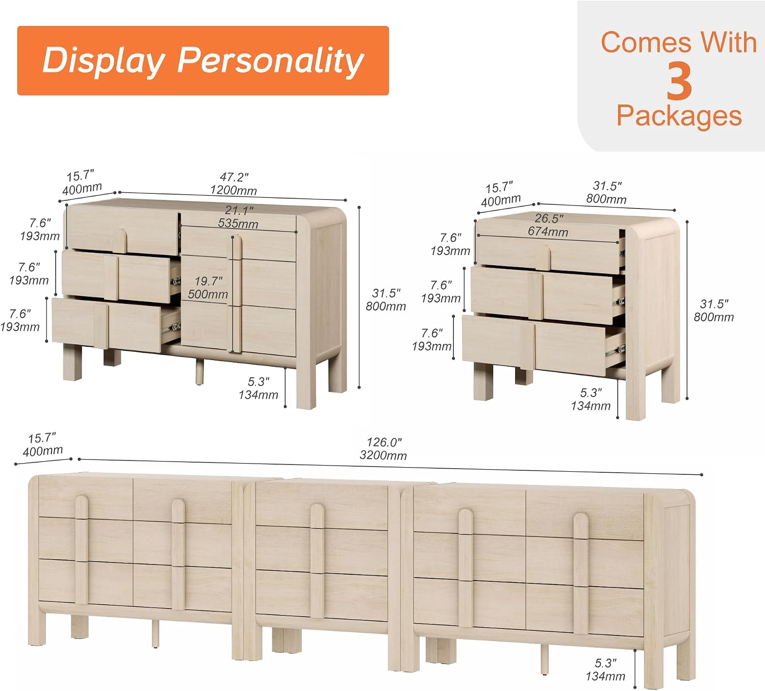WAMPAT 3 Piece Bedroom Dresser Set, 126" Wide Mid Century Modern Chest of Drawers,15 Drawers Dresser TV Stand with Curved Edge Handles, Wood Drawer Organizer Storage for Bedroom, Light Oak