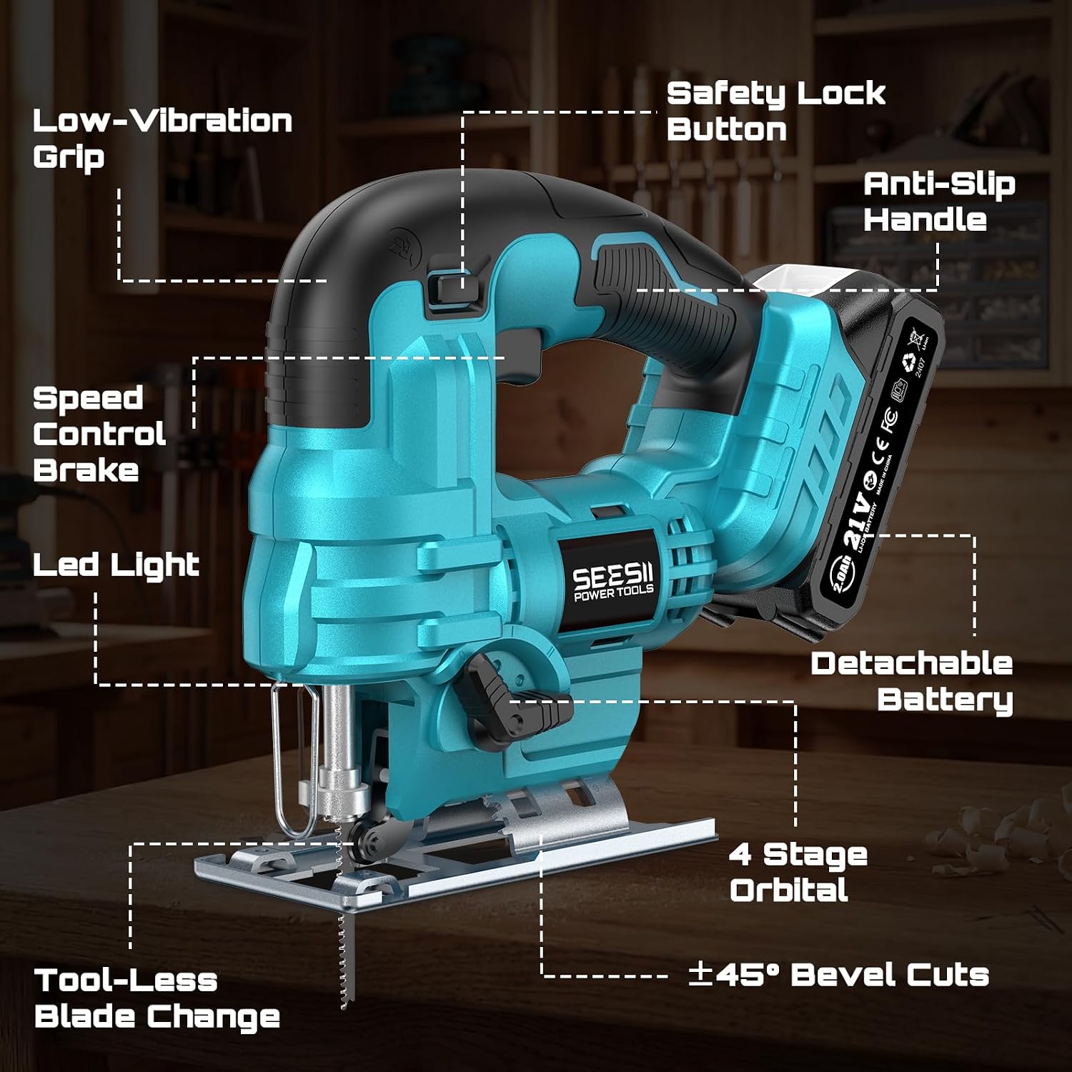 SEESII Jig Saw, Cordless Jigsaw Tool with 2×2.0Ah Batteries and Charger photo 8