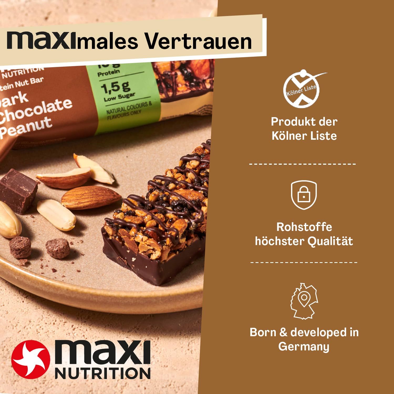 MaxiNutrition Dark Chocolate Peanut Nussriegel vegan 12x46g – Protein Riegel aus ganzen Nüssen mit 22% Protein, plant based, ohne Zuckerzusatz, ohne künstliche Aromen