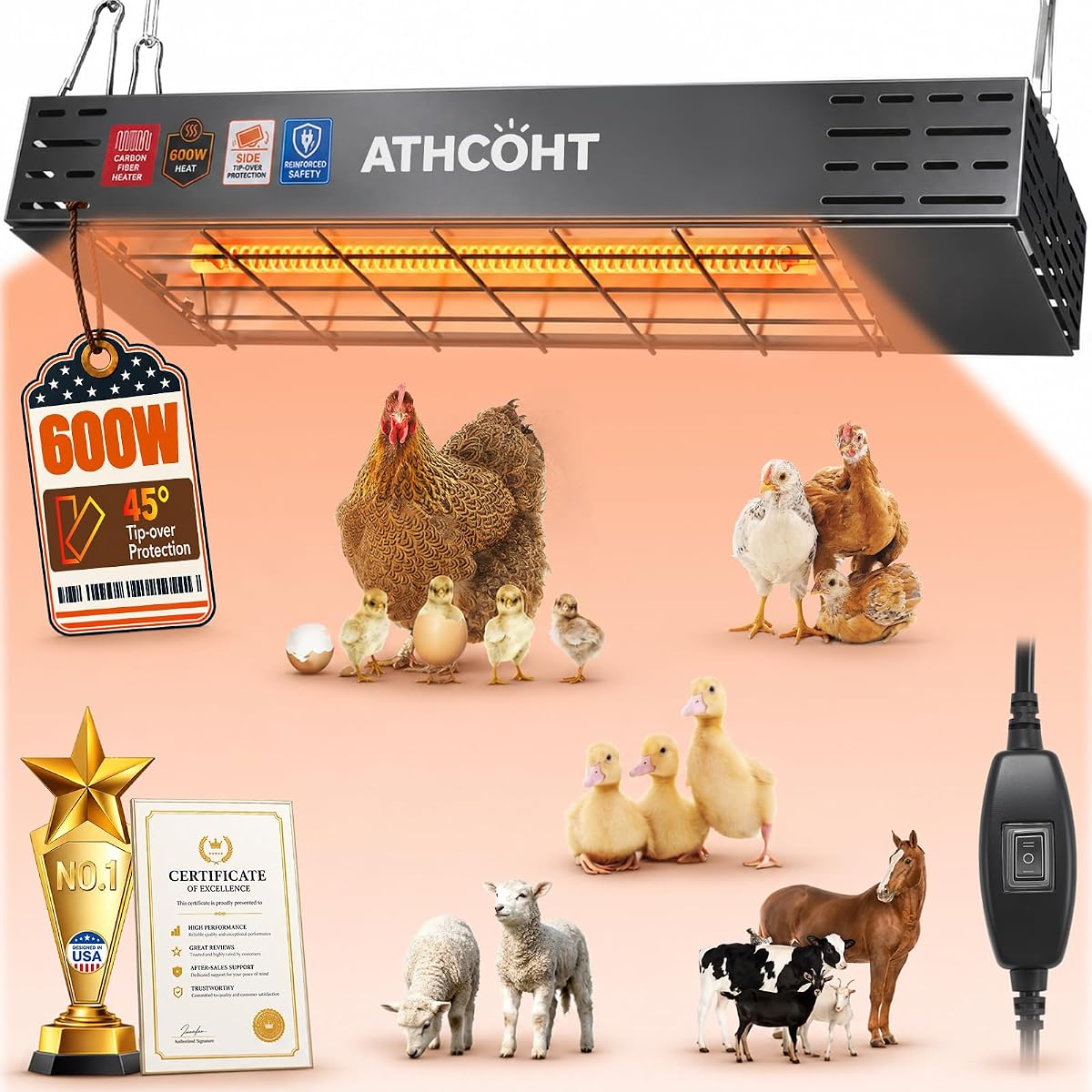 600W Heat Lamp for Chickens, Chicken Coop Heater Carbon Fiber