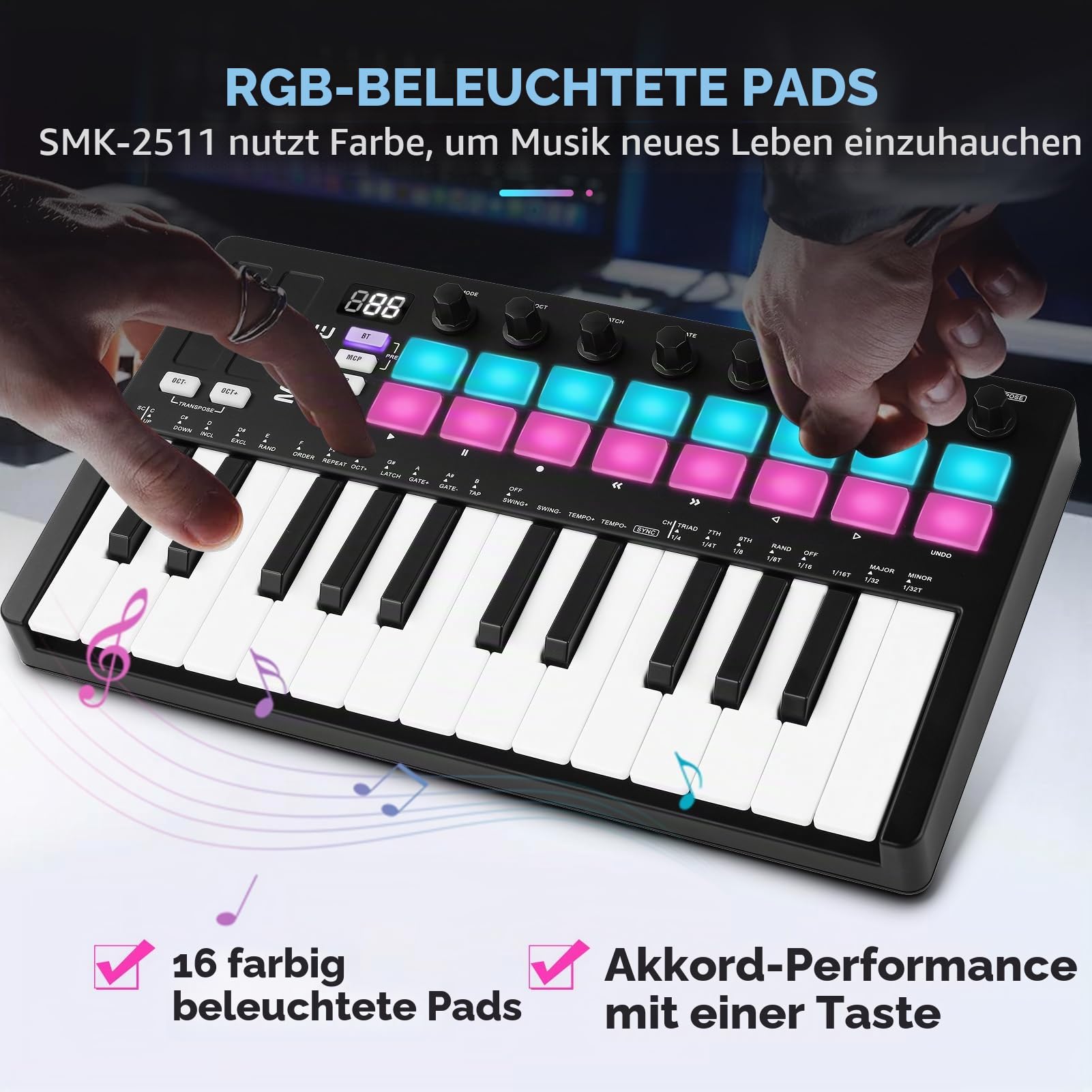 M-VAVE MIDI-Controller für Musikproduktion, verbesserte MIDI-Tastatur, tragbare wiederaufladbare Arranger-Tastatur, RGB-Pad-Tastatur, SMK-25II, schwarz und weiß, eingebauter Akku