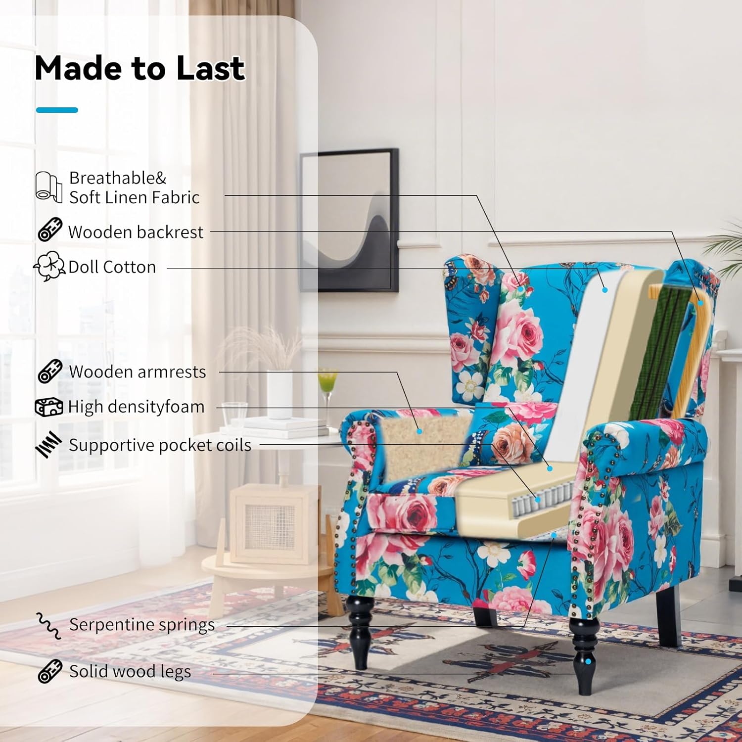 Floral Accent Chair,Mid Century High Back Upholstered Armchair with Wood Legs & Brass Nailhead Details,Comfy Single Sofa Chair for Living Room, Bedroom,Ideal Lounge&Reading Chair