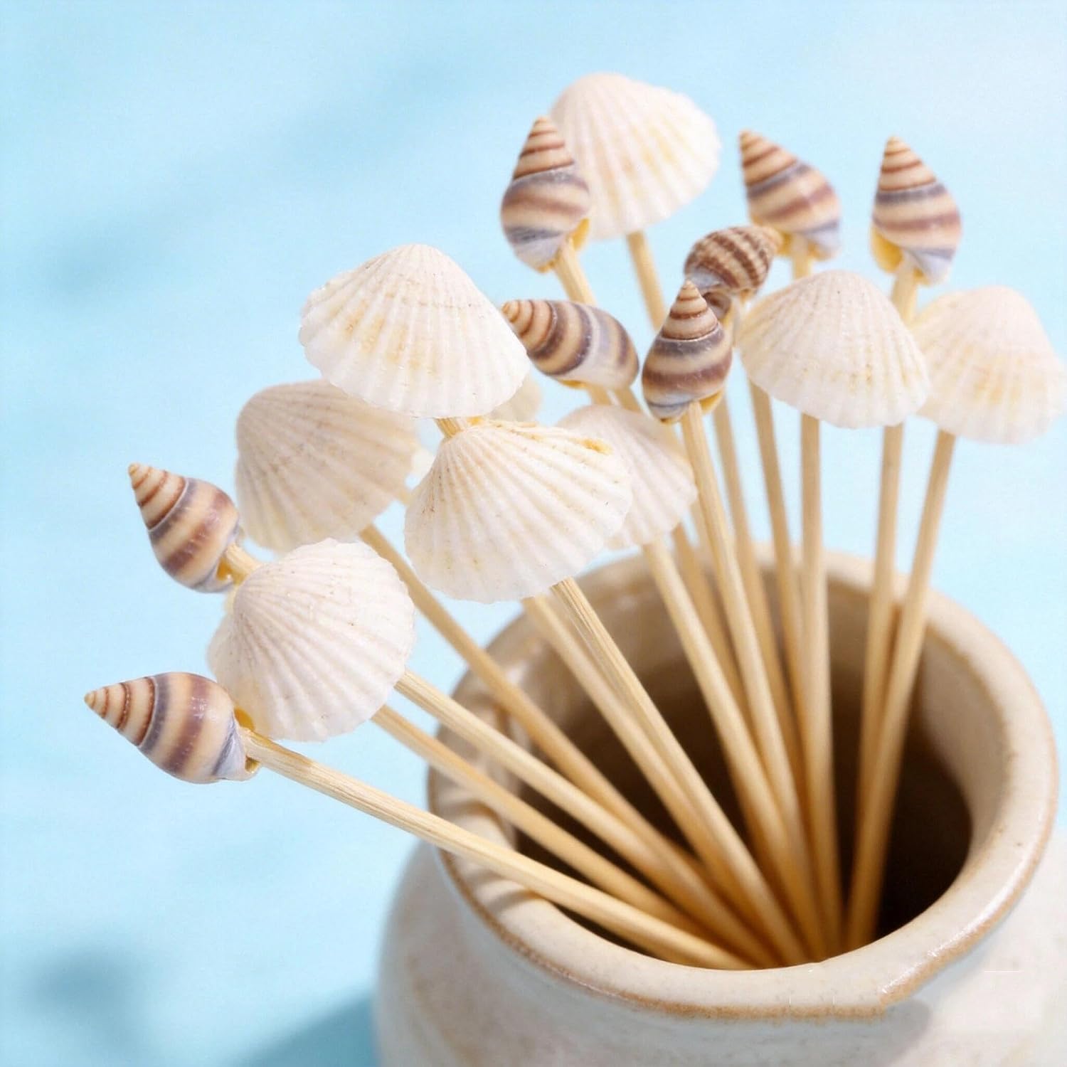 Beach Blue Cocktail Picks, 200-Pack 4.7 Inch Seashell Bamboo Skewers
