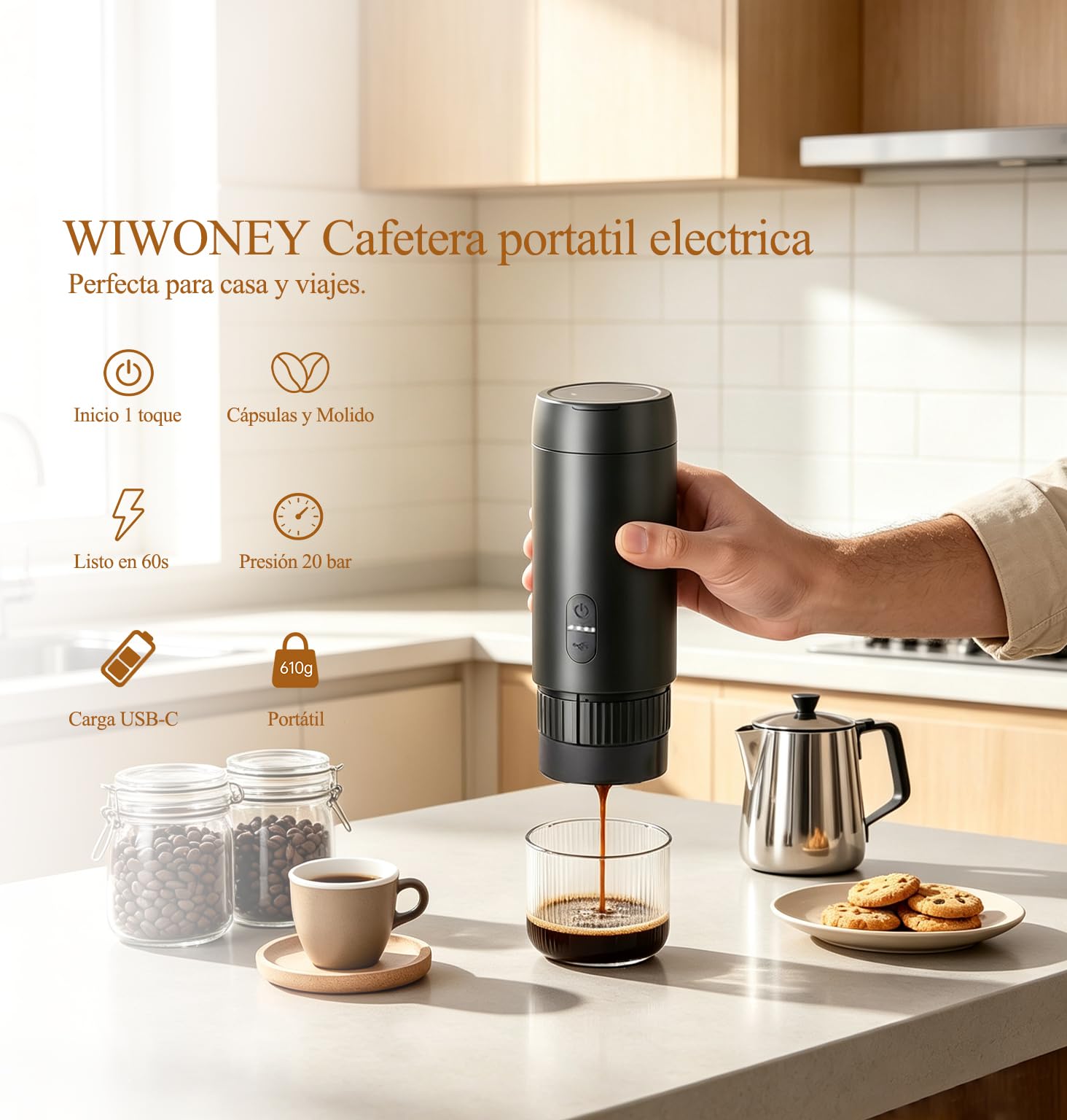Cafetera espresso eléctrica portátil, para café molido y cápsulas | Cafetera de viaje 2 en 1, presión 20 bares, recarga USB-C, diseño compacto, para camping, coche y picnic