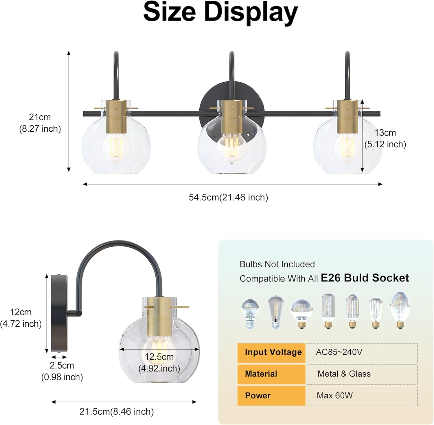 Bathroom Vanity Light Fixtures,3 Light Brushed Black Wall Sconces, Modern Bathroom Lighting Over Mirror, UL Certified with Glass Shades, Vanity Lights for Bathroom, Bedroom, Hallway