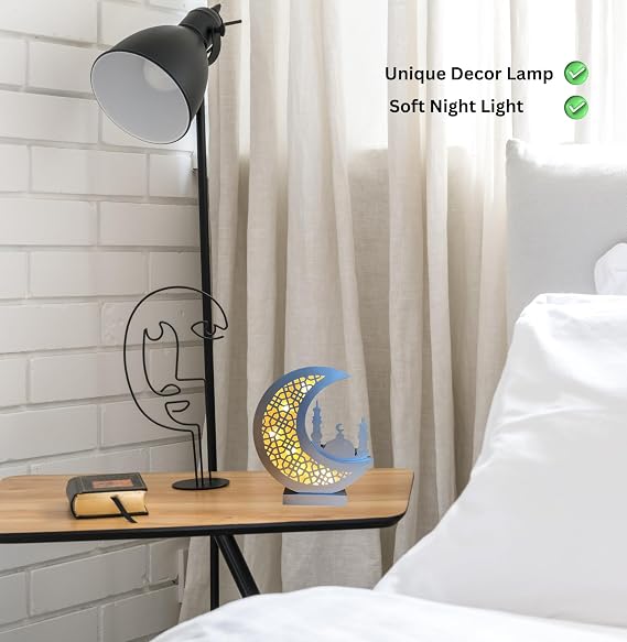 Eid Gift Crescent Moon Lamp Decor - Cordless Design for Bedroom, Living Room, Office, Nursery, Silver Moon Masjid Home Decor, 10.25x8