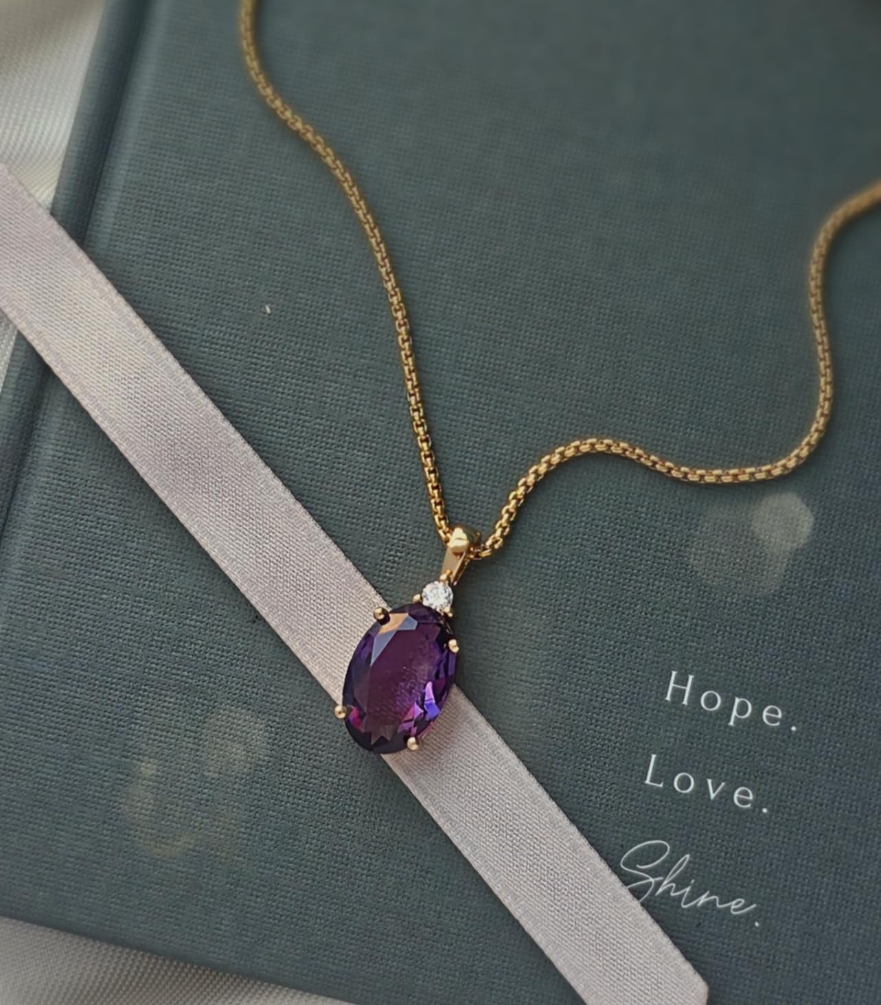 HOPE LOVE SHINE Amethyst Necklace Gift for Women - February Birthstone Jewelry - 18K Gold Plated Spiritual Pendant - Elegant Women's Jewelry Gift for Birthday, Anniversary & More (18+2-inch) - Image 3
