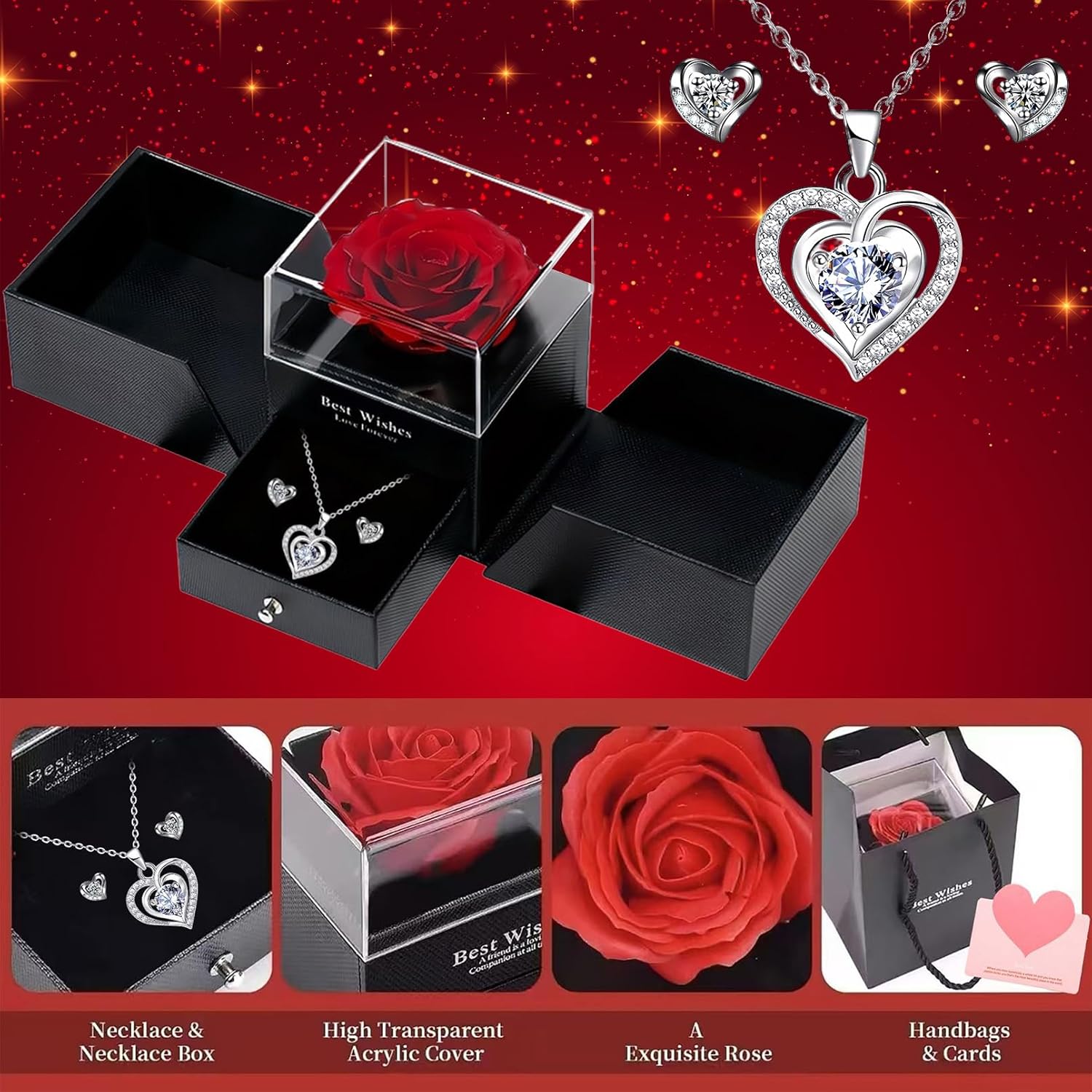 Preserved Red Real Rose creates eternal love with Ocean Star Necklace, including a pair of heart-shaped stud earrings, red rose birthday gifts, gifts for women, gifts for girlfriend, wife gifts gifts for mom, Mother's Day gifts, Christmas gifts, Valentine Day gifts - Image 3