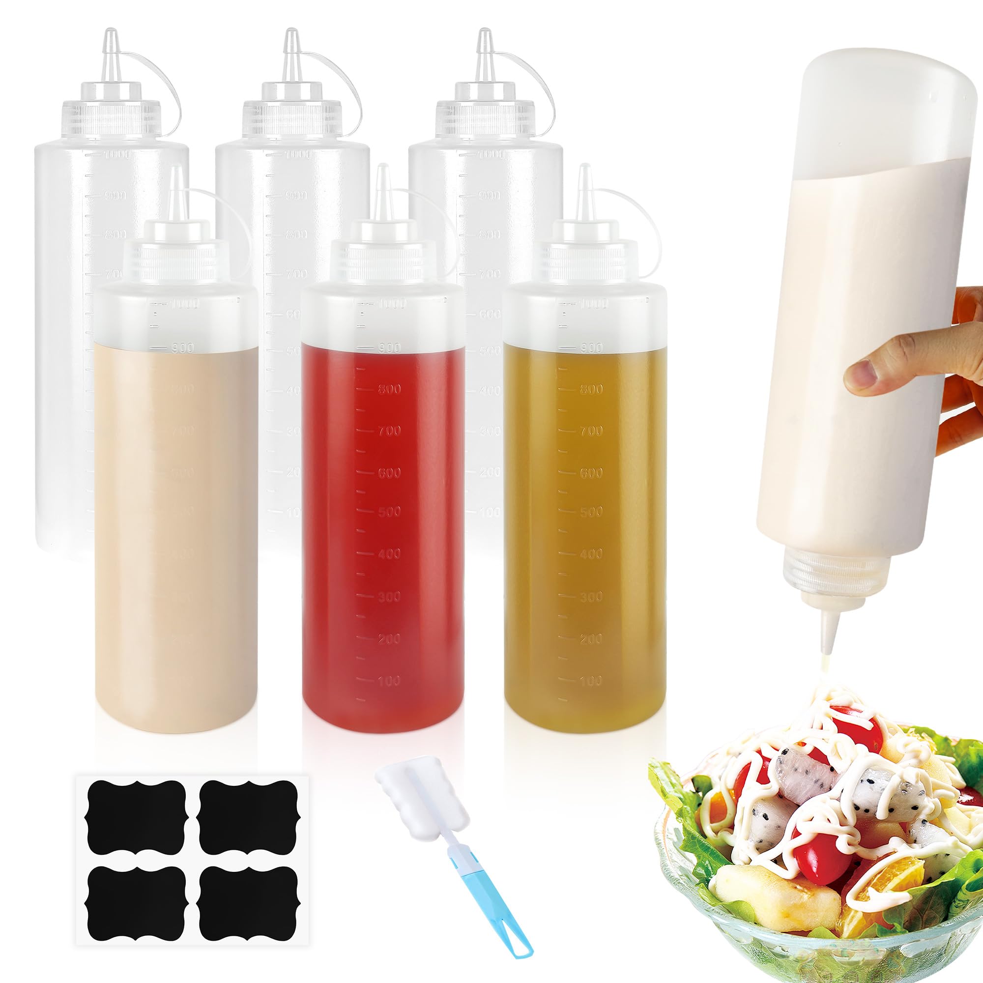Axincardarm 6 Pcs Condiment Squeeze Bottle with Nozzles Squeezy Sauce Bottles 1000ml Plastic Squeeze Bottles for Ketchup, Salad, Oil, BBQ