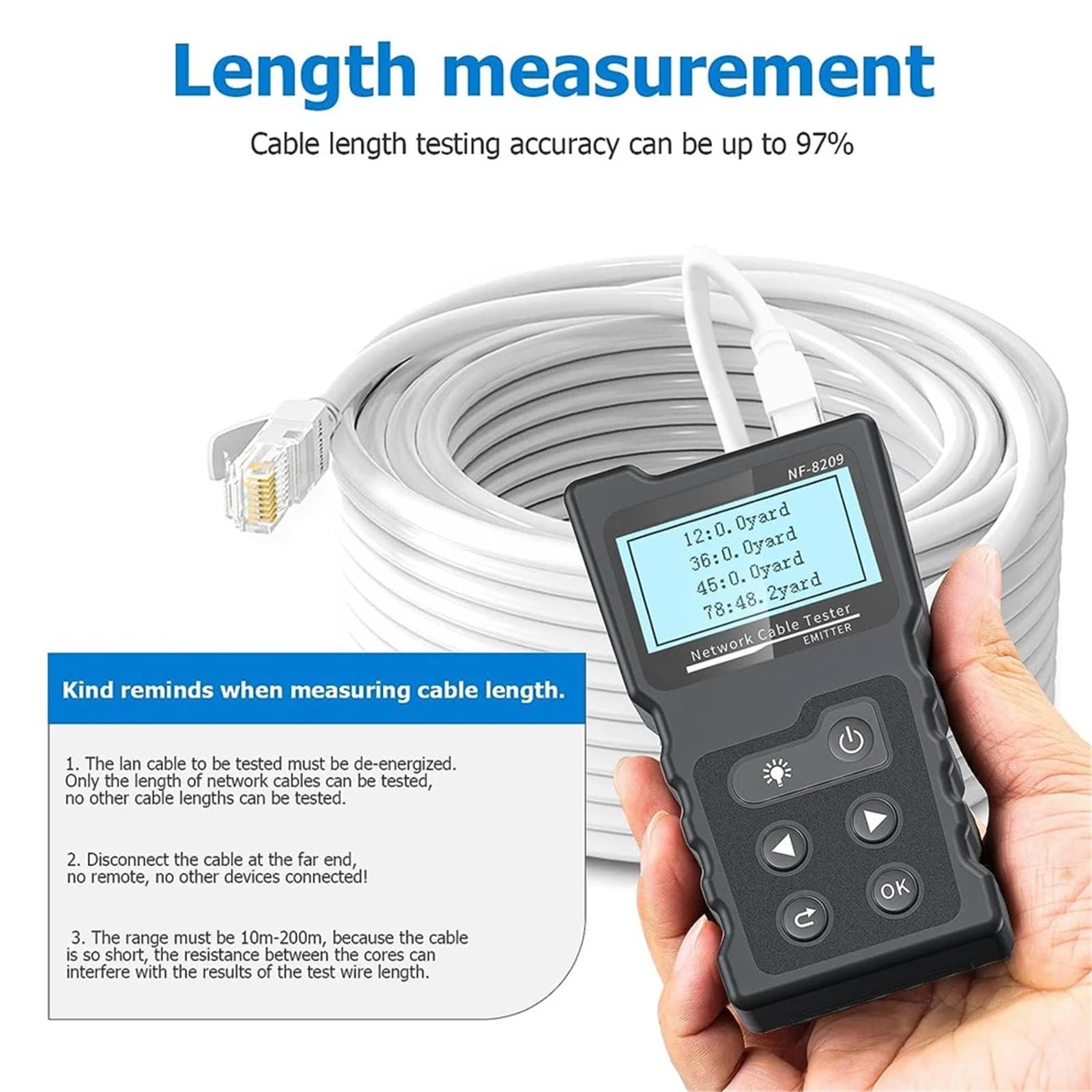 Localizzatore di Cavi, Tester for cavi di rete NF-8209, misuratore lunghezza, display LCD, strumenti PoE