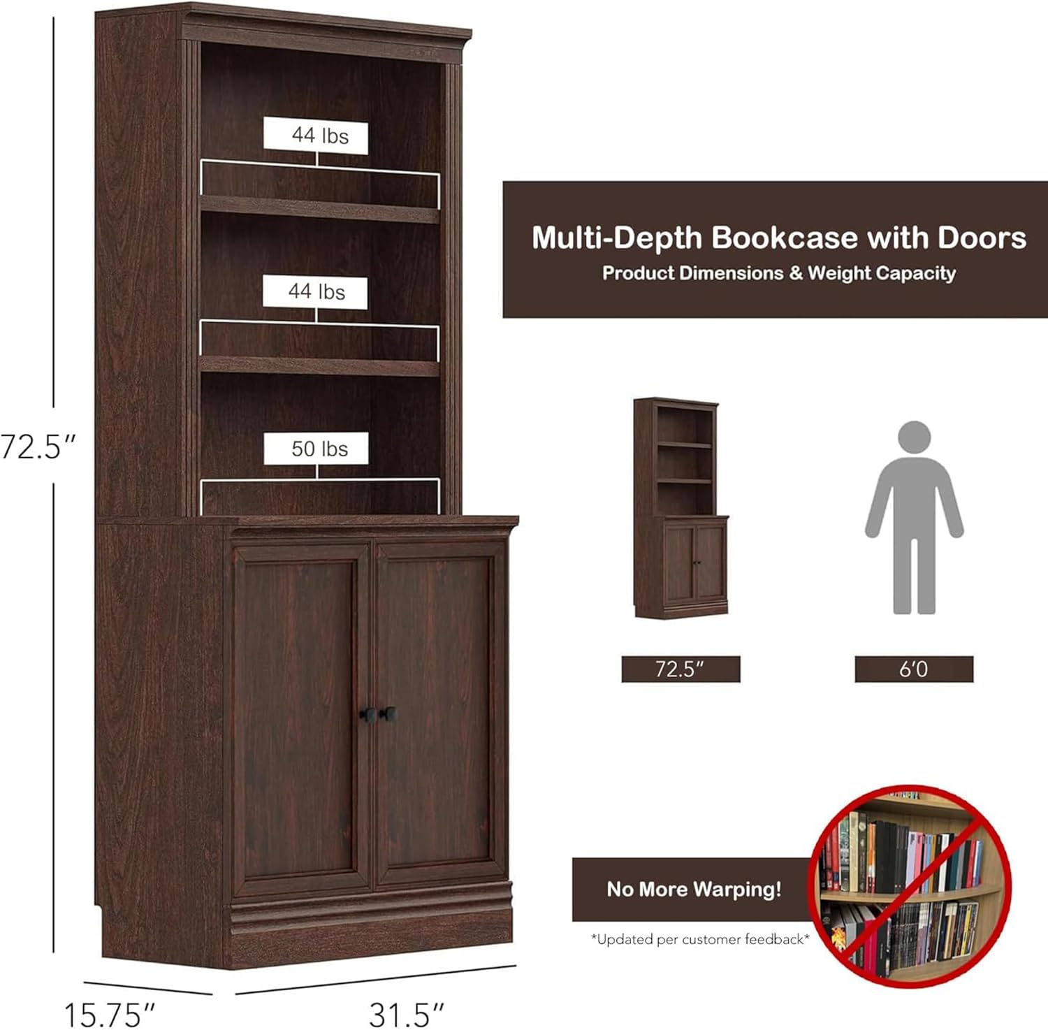 JAHRSTIM Halston Multi-Depth Bookcase, Adjustable Storage Shelving Unit with Doors for Home and Office Space, 31.5”L x 15.75”W x 72.8”H, Dark Cherry