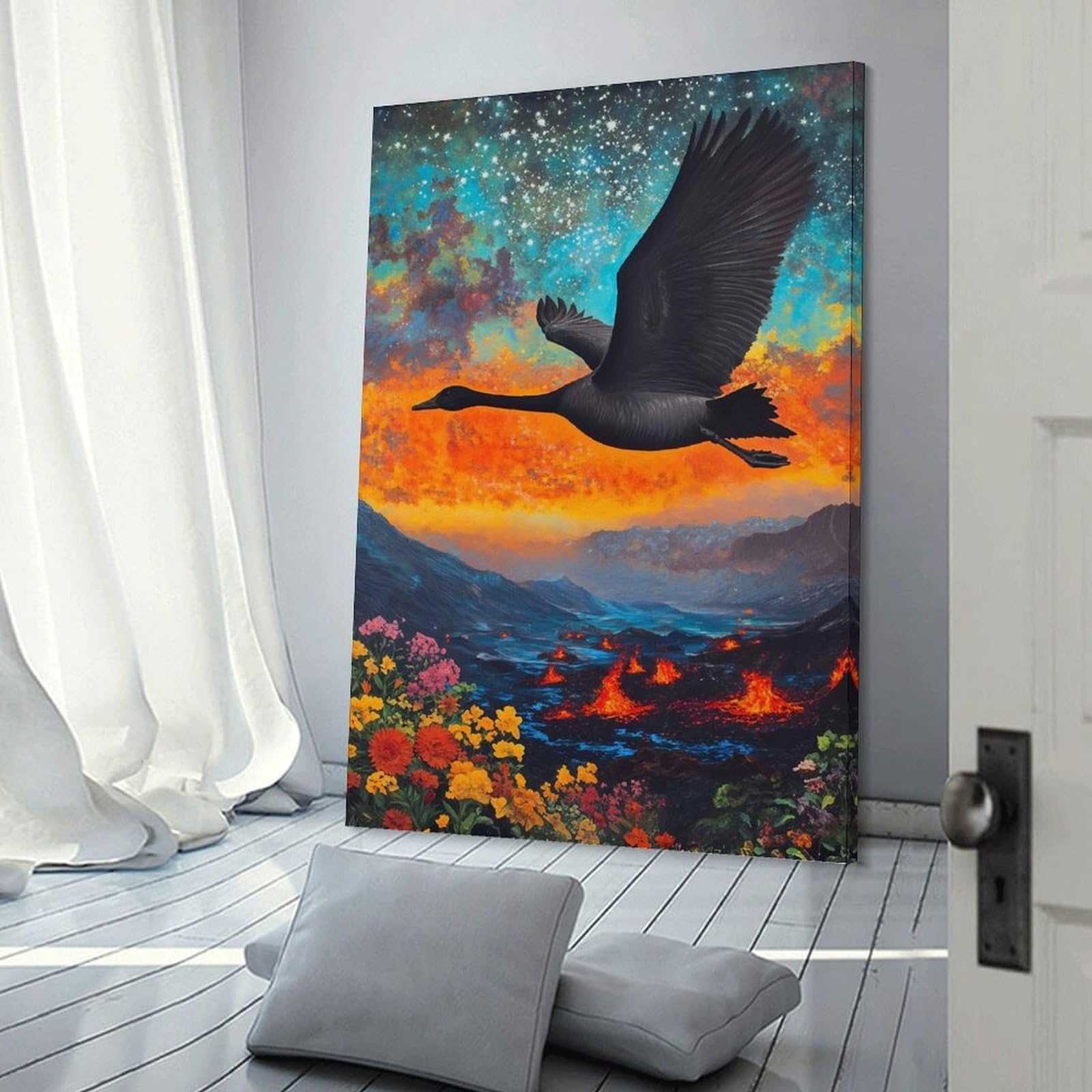 Junmoney Frame-Style-23 Black Swan Flying Over Volcanic Landscape Canvas Wall Art 24X36inch(60X90cm), For Office Decor, Home Working Or Creative Rooms, Wall Art That Adds Style To Work Areas