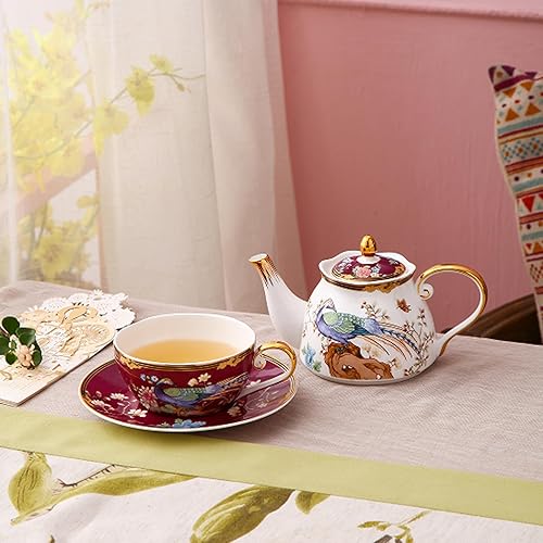 Miniatura 5 de ACMLIFE Juego de té de porcelana de hueso para un juego de tetera y taza, juego de té floral vintage para una tetera con taza de té y platillo, 12