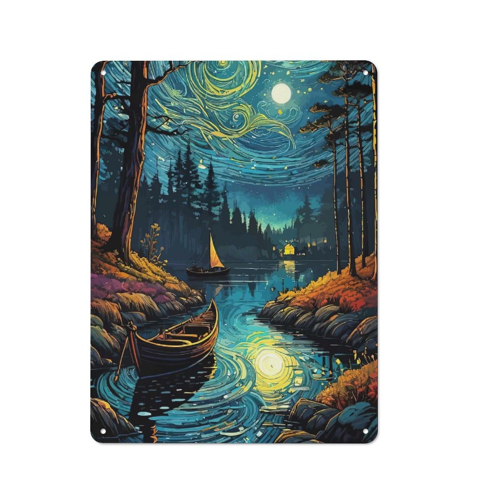 Junmoney Starry Night Lake Vintage Metal Wall Sign 40X30cm For Garage Or Workshop, For Metal Sign Collectors, For Garage And Workshop Walls