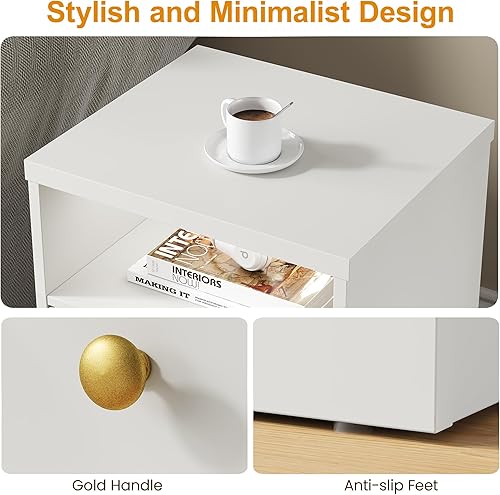 Miniatura 6 de RoyalCraft Juego de 2 mesas auxiliares, mesita de noche con estante de almacenamiento y puerta, mesa auxiliar de imitación de dos cajones, mesa