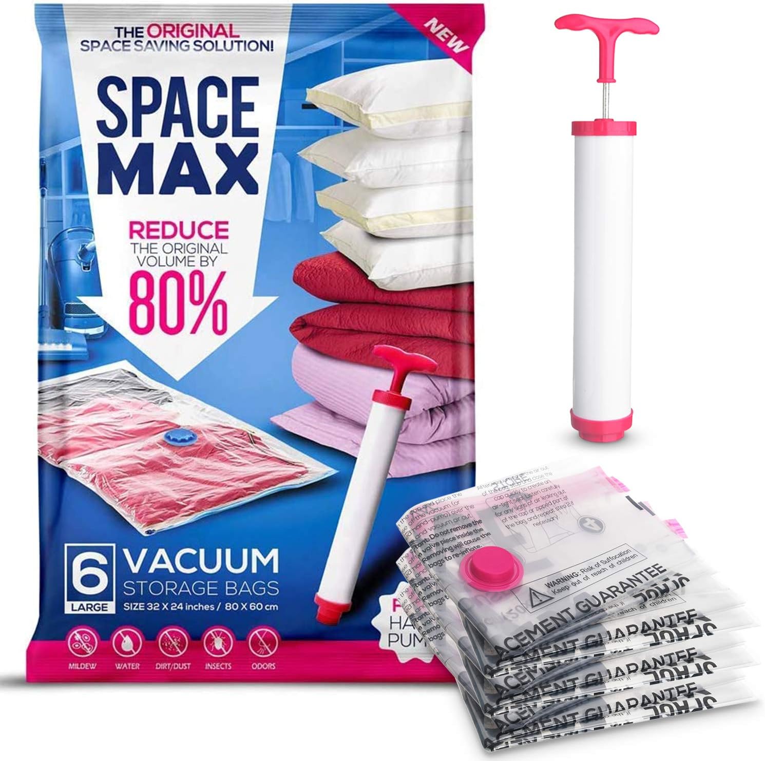 Large 6 Pack | SPACE MAX Premium Space Saver Vacuum Storage Bags - Save 80% More Storage Space - Reusable, Double Zip Seal & Leak Valve, Includes Travel Hand Pump