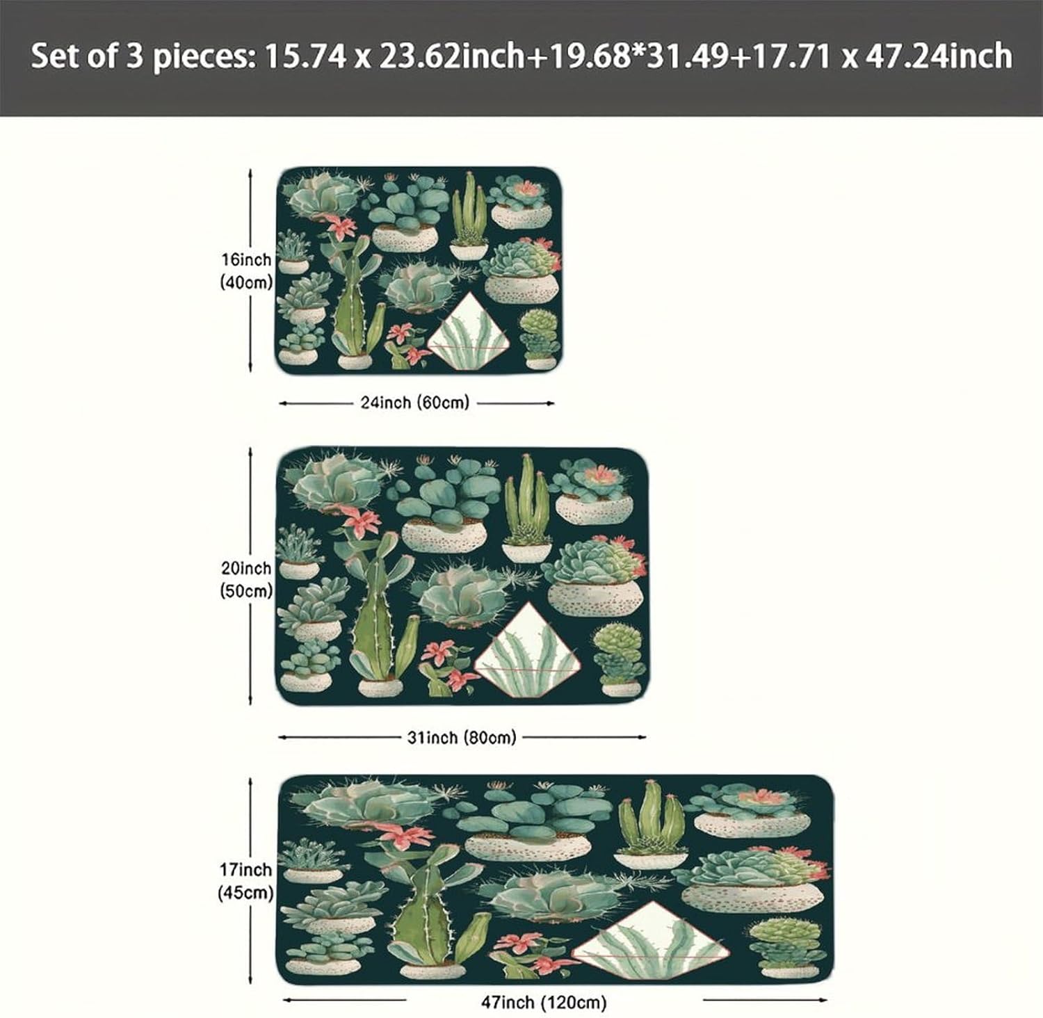 Succulent Plants and Cactus Kitchen Mats Soft Absorbent Rugs for Floor Non Slip Washable Kitchen Mats Fashion Rectangular Rugs for Three-Piece Set for Laundry Office Home Sink