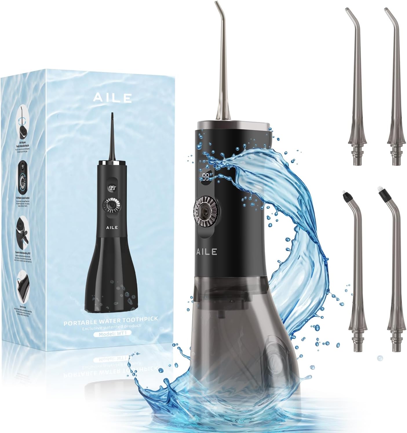 CVT Water Dental Flosser Teeth Pick: 300 ML Cordless Portable Water Flosser Pick for Teeth 100 Modes Rechargeable Oral Irrigator Travel IPX7 Waterproof Flossing Teeth Cleaning for Home - Black