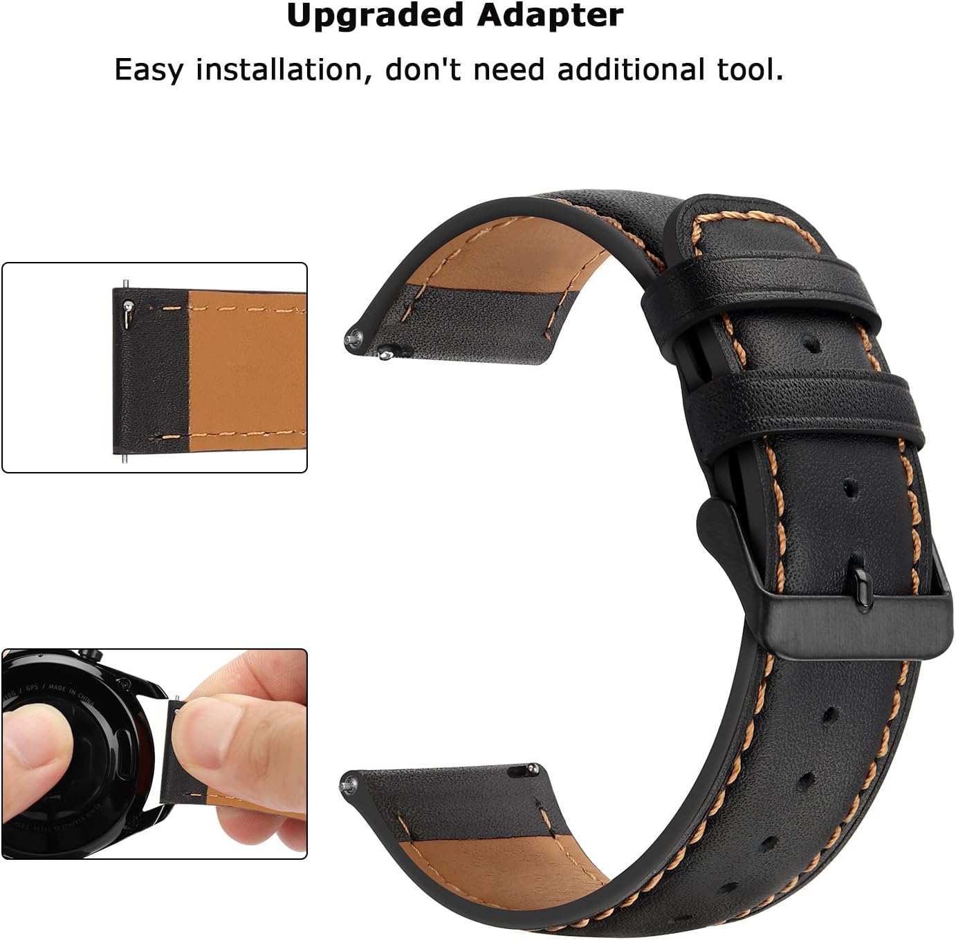 Tasikar 22mm Leather Bands Compatible with Samsung Galaxy Watch 3 45mm Band, Premium Genuine Leather Replacement Bracelet Strap Compatible with Galaxy Watch 46mm, 22mm, Black - Image 4