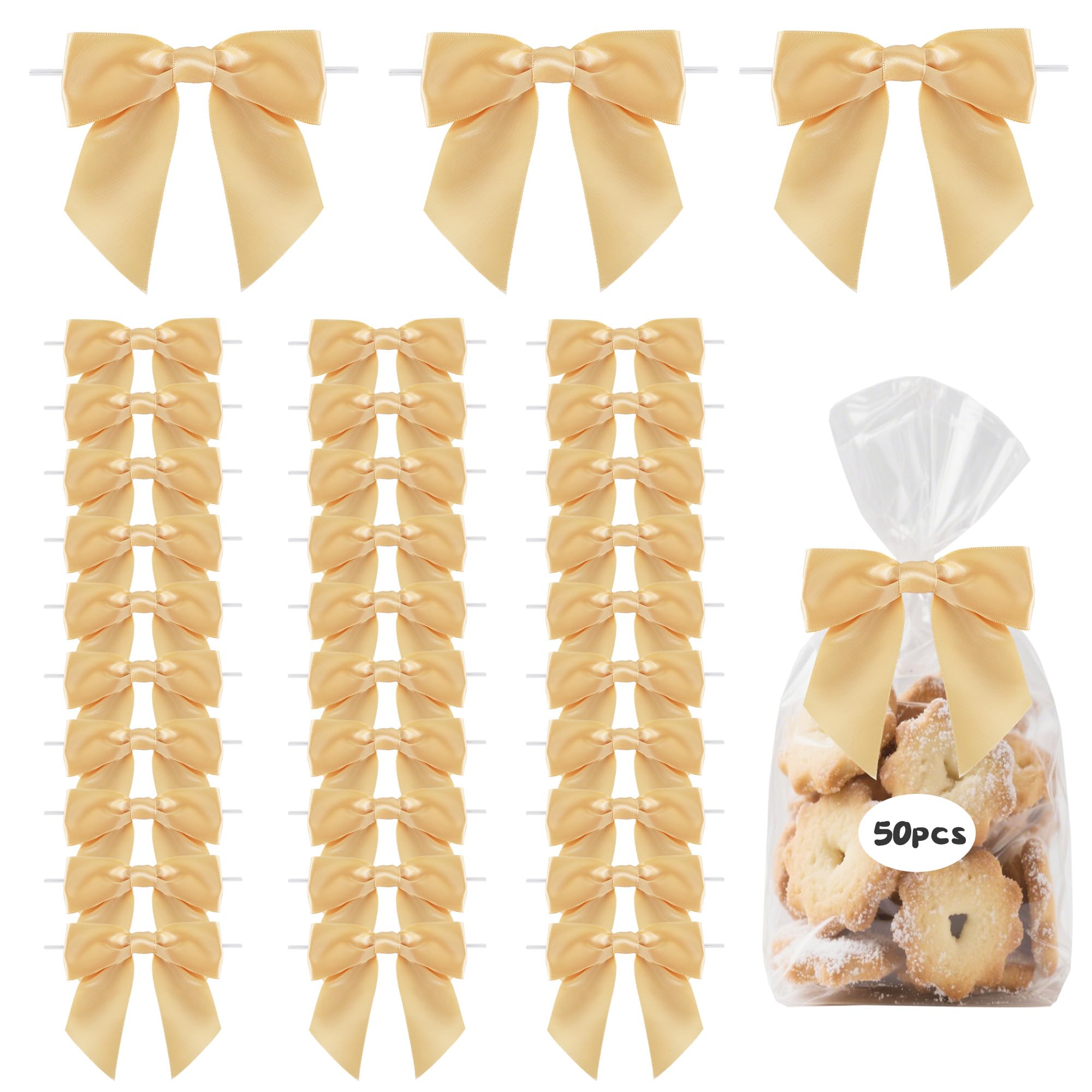 TONIFUL 50pcs Gold Satin Ribbon Bows with Twist Tie, 4.5 Inch Decorative Bows for Gift Wrapping, Treat Bags, Crafts, Bottles, Christmas Tree, Wedding, Baby Shower, Birthday Party Decorations