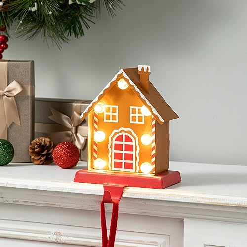 Miniatura 3 de Glitzhome Soporte para calcetines de Navidad, manto de jengibre iluminado con luces LED, colgador de calcetines de metal con marquesina iluminada