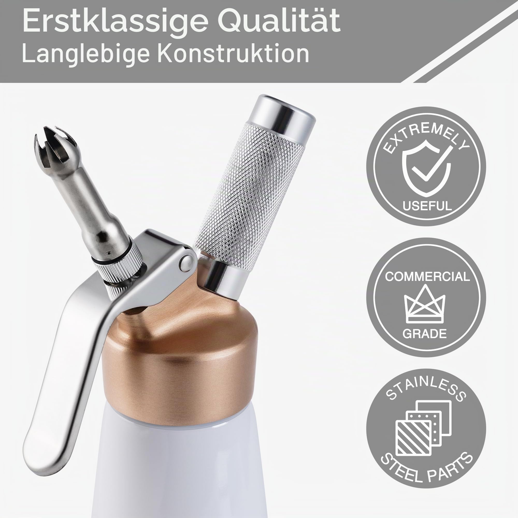 Professional Sahnespender, 0.5 Liter Aluminium-Legierung, Sahne-Peitsche, Kanister mit goldener Oberseite und 6 Dekorationsspitzen, für hausgemachte Schlagsahne (weiß) | Aluminiumlegierung, goldfarbene Oberseite, 6 Spritztüllen, für hausgemachte Schlagsah
