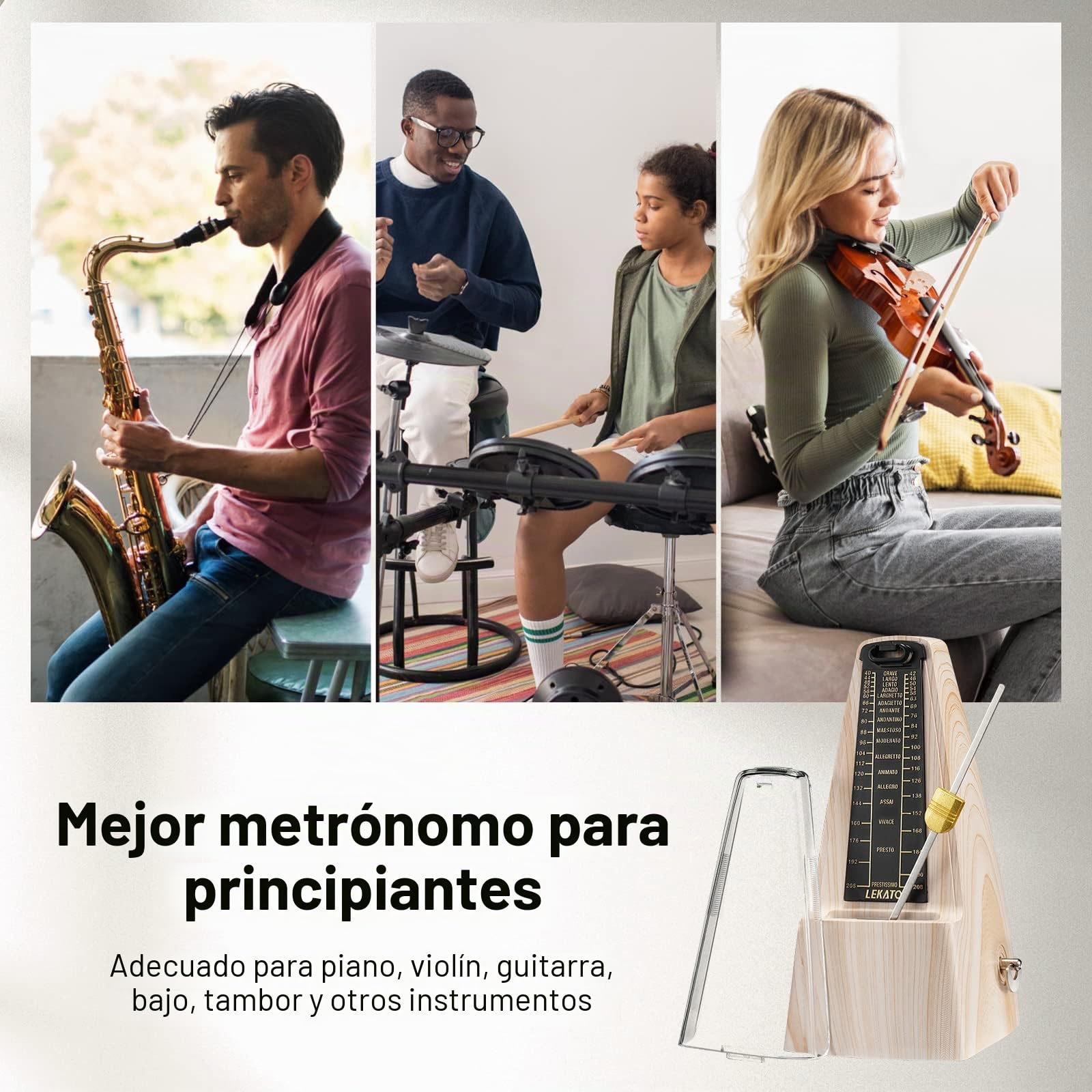 Metrónomo mecánico - LEKATO Metrónomo tradicional universal para piano guitarra bajo ukelele batería violín y otros instrumentos musicales - Alta precisión, ritmo preciso (beige)
