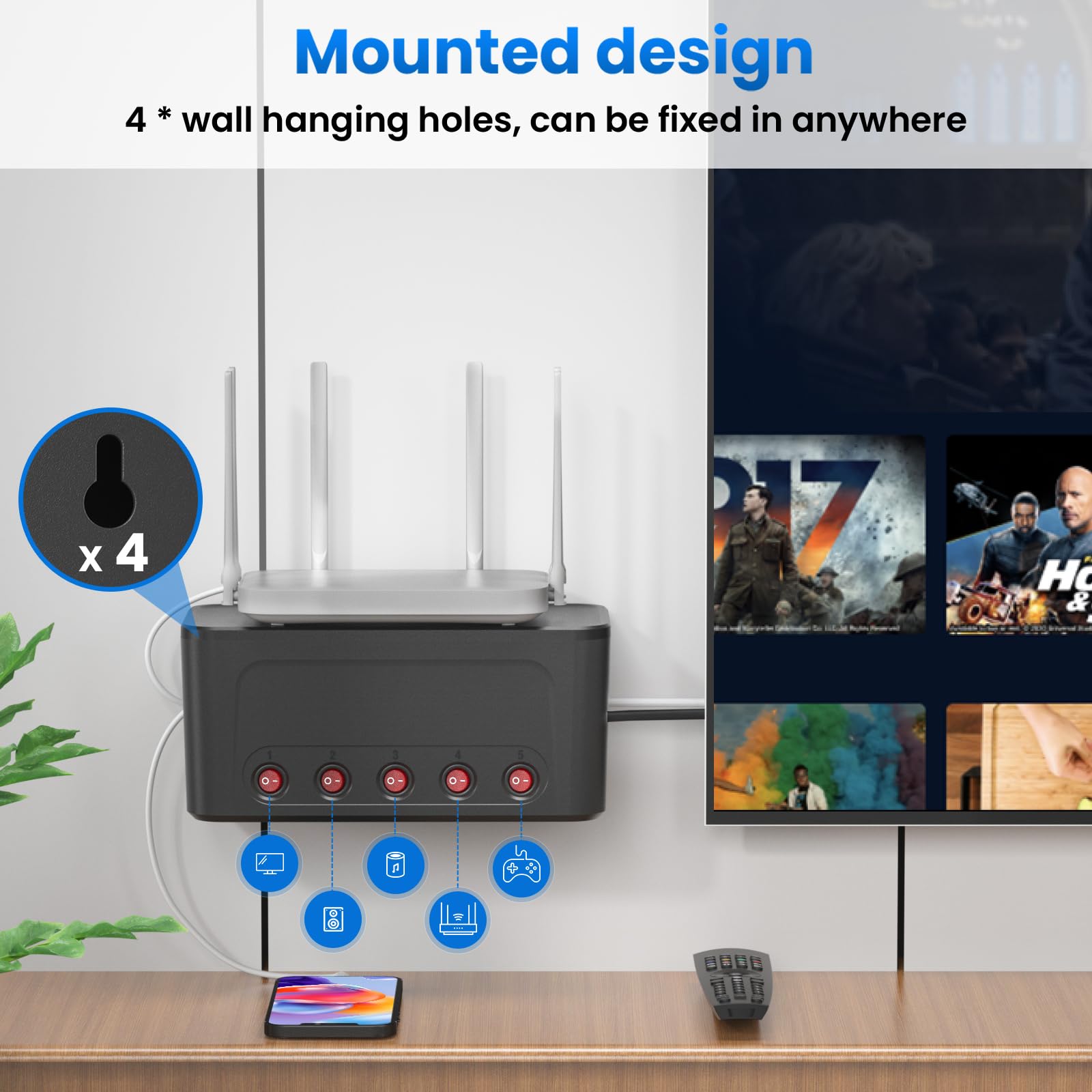 Caja Organizadora de Cables con Regletas Enchufes,Caja de Gestión de Cables | Regleta 5 Tomas con Interruptor Independiente,Enchufe Multiple Proteccion Sobretension Ladron Enchufes USB C Carga,Negro