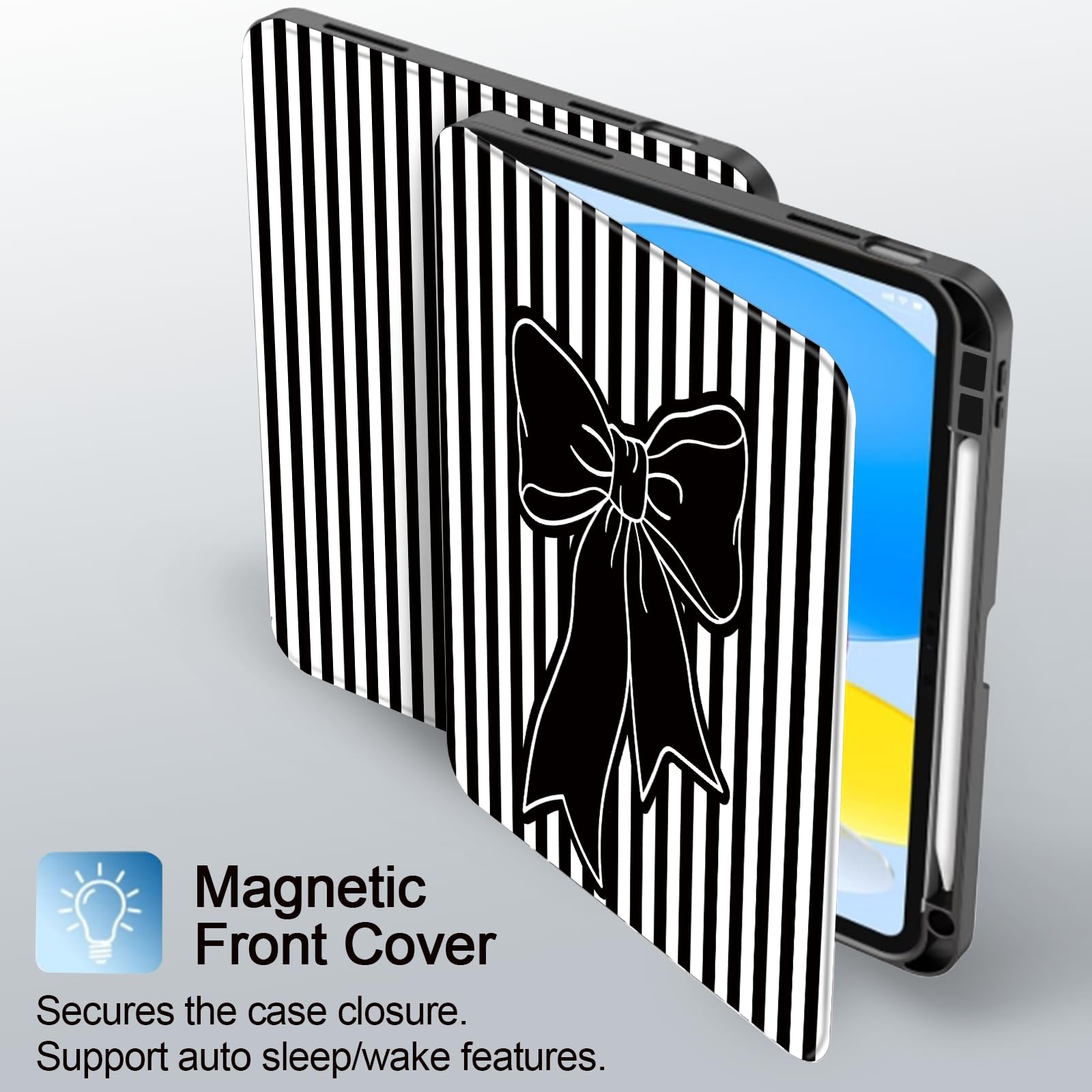 Lyfatz Custodia per iPad 11a (A16) 11" 2025 / 10a generazione 11" 2022, fiocco a righe bianche nere carine eleganti chic adorabili protettive con portapenne, antiscivolo, antiurto, fiocco nero