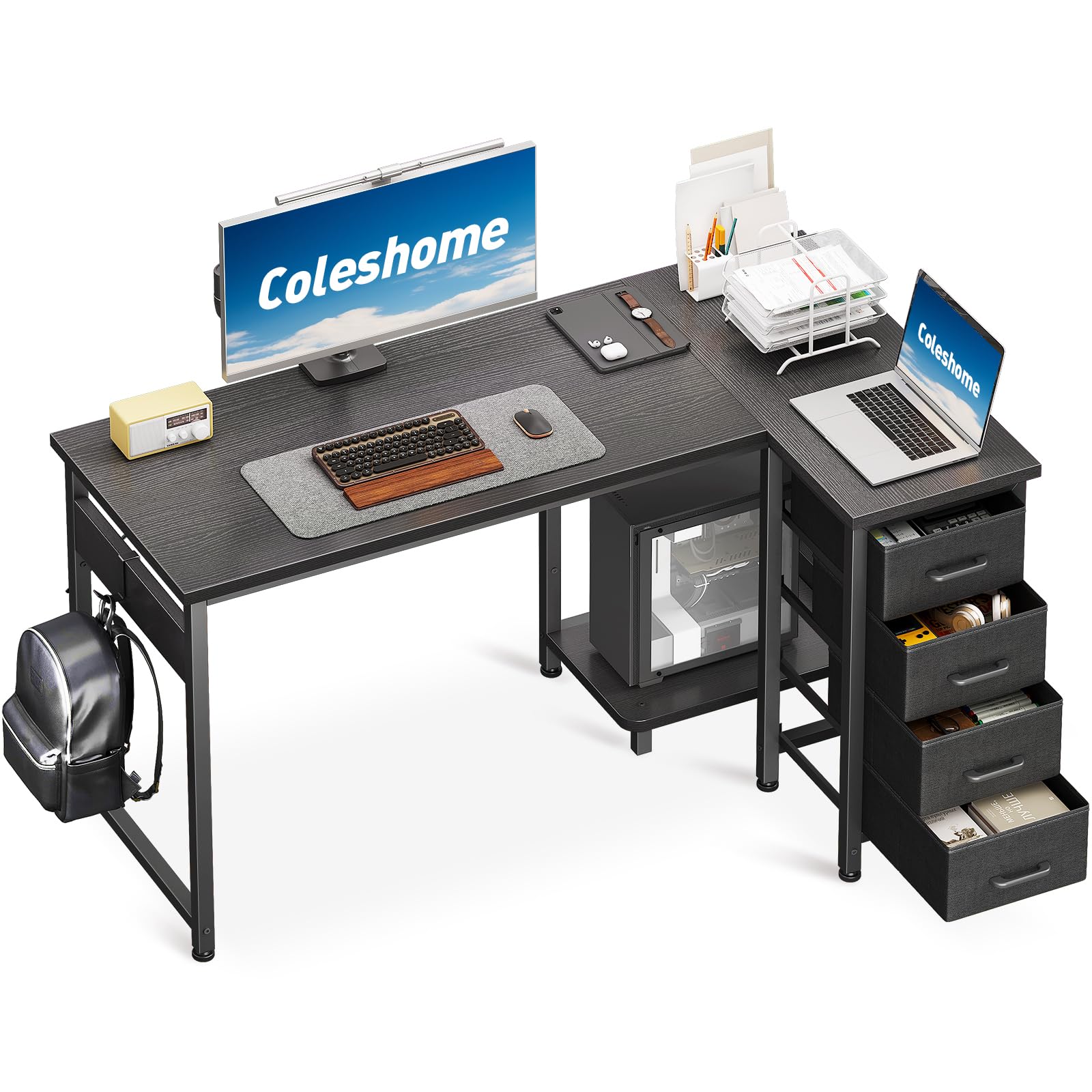 Coleshome Computer Desk with Drawers, 120x70 cm Corner Desk for Home Office, Reversible L Shaped Office Desks Black
