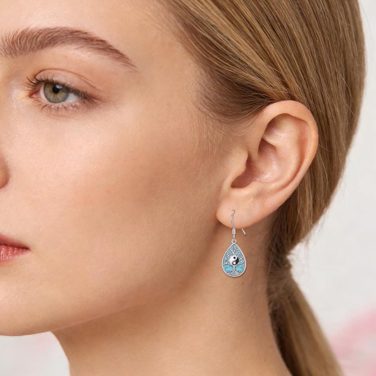 YYB Turquoise Tree of Life Dangle Earrings 925 Sterling Silver Fish Hook Teardrop Earrings for Women Birthday Faith Gifts