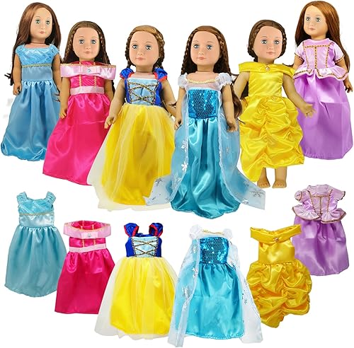 Ropa de muñeca de 18 pulgadas, 6 piezas de disfraz de princesa que incluyen Bella, Cenicienta, blanco nieve, Rapunzel, princesa Elsa y Aurora, se