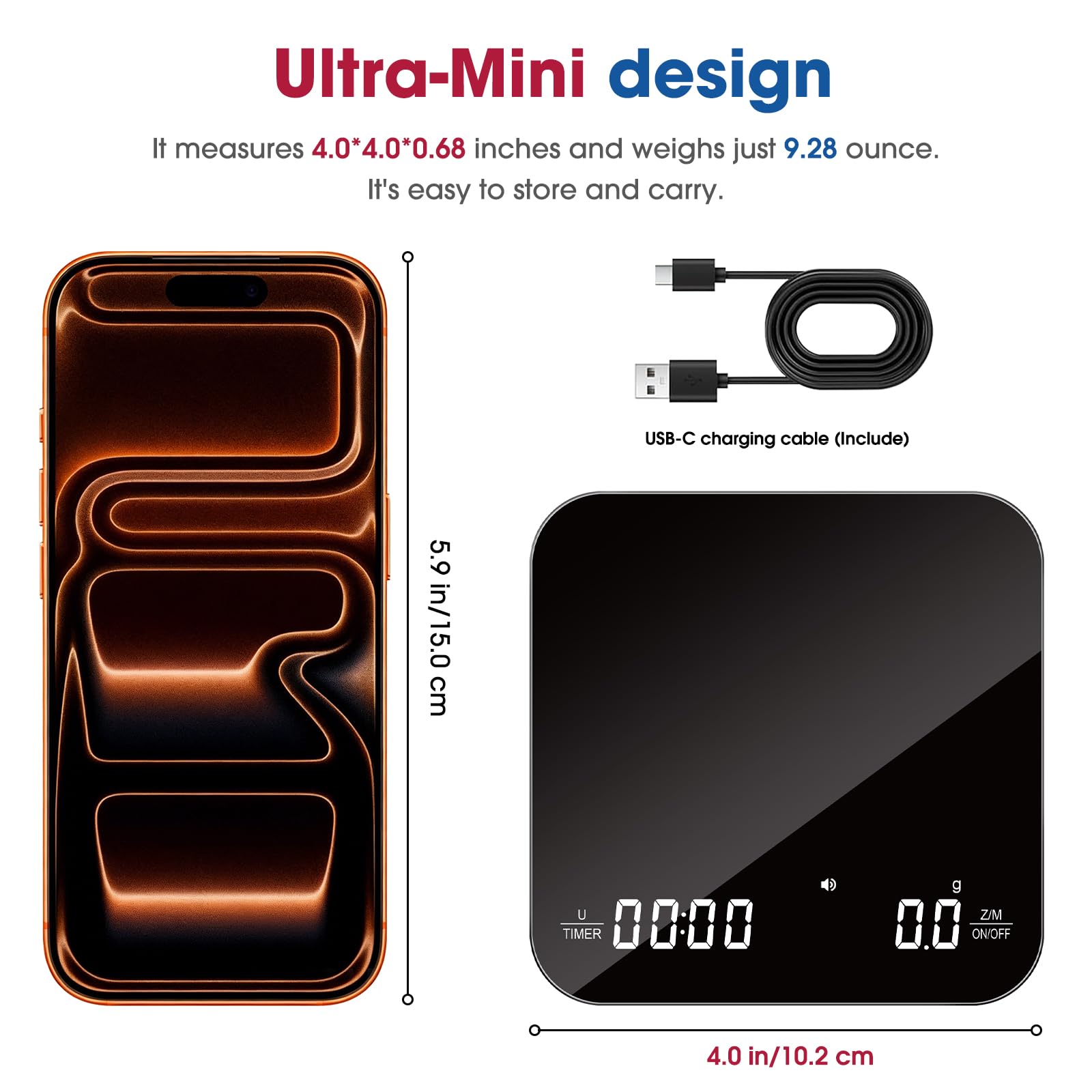 Mik-Nana Mini-Kaffeewaage mit Timer, 2 kg/0,1 g, wiederaufladbare Espressowaage