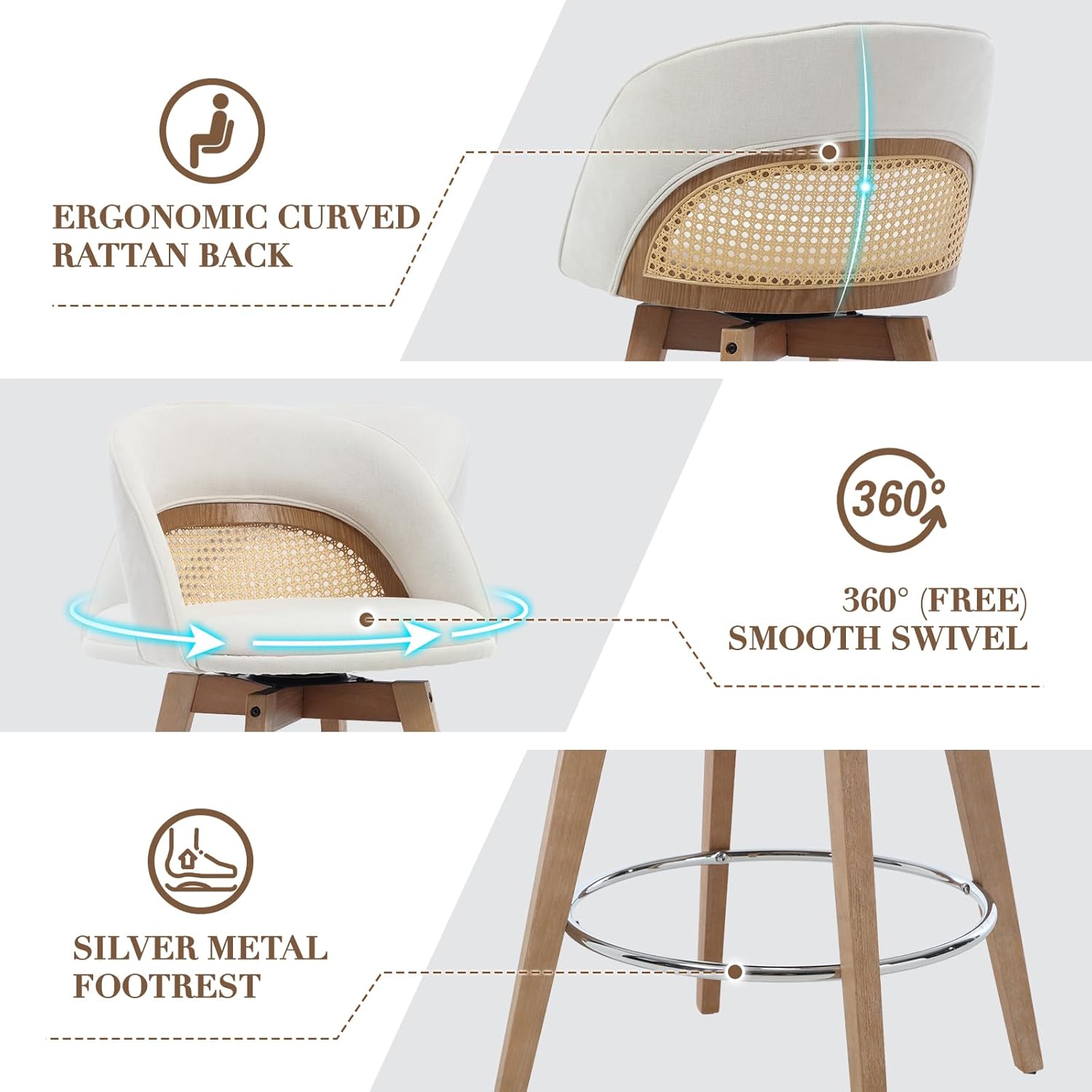 Ya-Home Modern Swivel Bar Stools Set of 2, 26.5” Counter Height Barstools Chenille Upholstered Counter Stools with Curved Back/Sliver Metal Footrest Bar Chairs for Kitchen Island/Home Bar, Beige