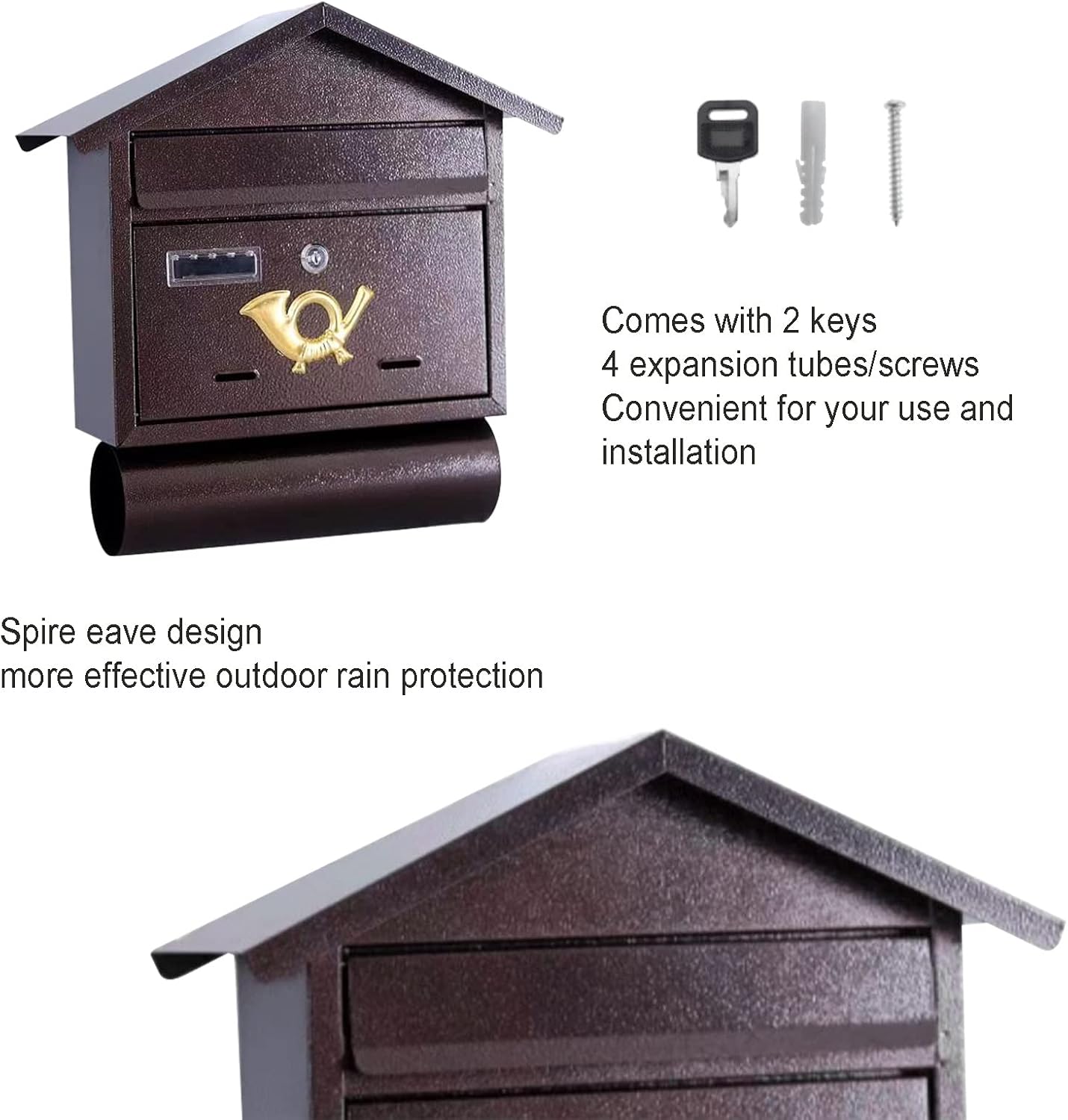 Wall Mount Mailboxes,Mailbox,Large Capacity Mail Box, Metal Mailboxes for Outside, Wall Mount Mailboxes, Mail Boxes for House, 16.1x16.1x5.1in (Color : Brown-1)