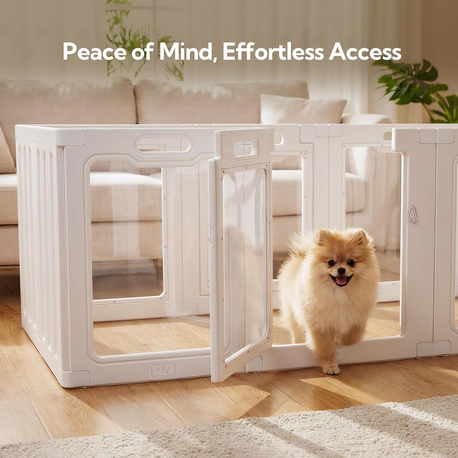 Soulbond Clear Acrylic Dog Playpen Indoor, Non-Slip,Tool-Free Assembly, External Door Lock Play Pen for Puppies and Small Dogs (24 Inch, White, 10 Panel)