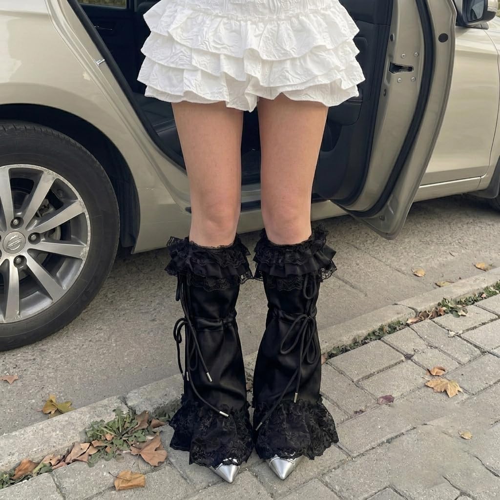 Sexybody Women Lace Leg Warmers Y2K Gyaru Drawstring Leg Warmer Socks Punk Flared Ruffle Boot Covers image 2