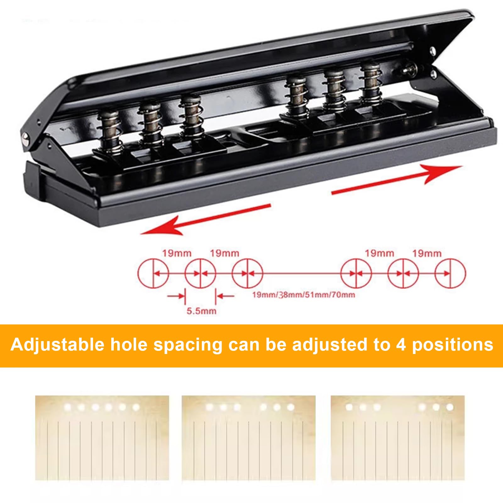Fhioevt 6 Hole Punch Metal Adjustable Hole Punch 6 Holes DIN A5 A6 A7 Paper Hole Punch with Positioning Marking 6 Sheets Capacity Pocket Hole Punch Binder Puncher for Folder Paper (Black) - Image 2