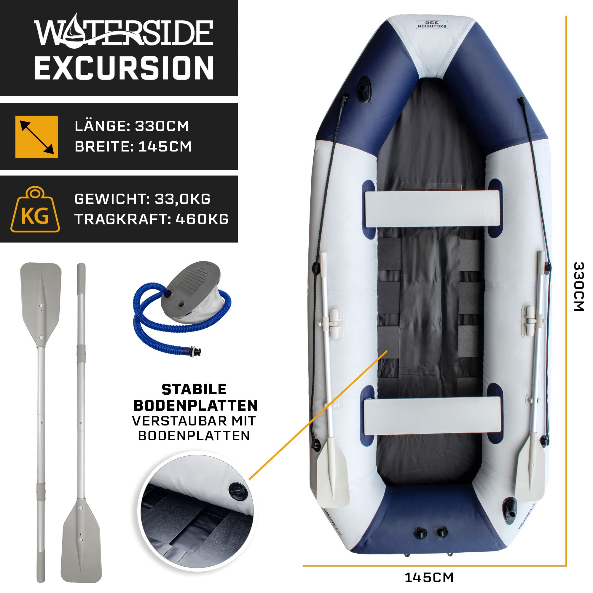 Schlauchboot Excursion mit Bodenplatte, Inkl. Paddel, Reparaturkit & Pumpe, Verschiedene Längen (2,30m / 2,70m / 3,30m) / Paddelboot, Angelboot, Freizeitboot, Sportboot
