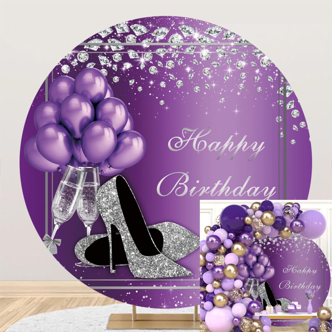 Laeacco 7.2x7.2ft Purple Silver Happy Birthday Round Backdrop for Women Glitter High Heels Shining Diamonds Balloons Circle Photography Background for