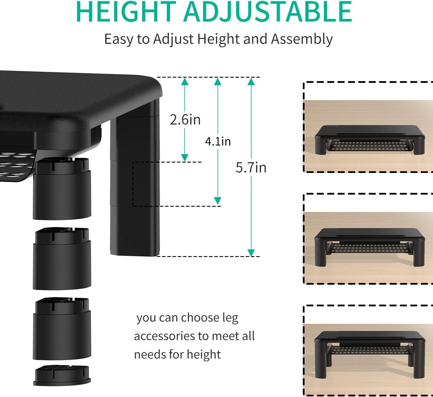 2 Pack Adjustable Monitor Stand Riser - 3 Height Adjustable Computer Monitor Riser with Storage Drawer, Phone Holder for Desk, iMac, Laptop, Printer, Notebook, Computer - for Home & Office Use, Black
