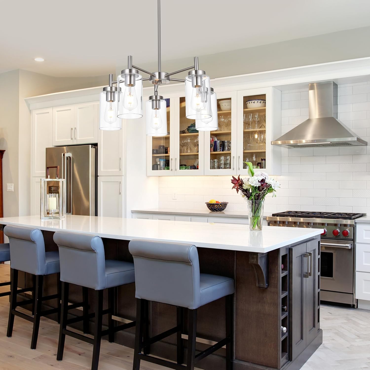 5 Lights Brushed Nickel Chandelier Modern Industrial Dining Room Light Fixtures with Clear Glass, Farmhouse Pendant Lighting Fixtures Ceiling Hanging Adjustable for Kitchen Island Living Room Brushed Nickel 5 Lights