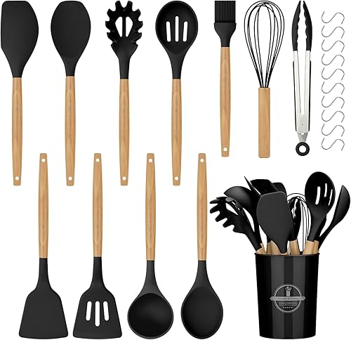 Miniatura 1 de Juego de utensilios de cocina de silicona, 22 piezas de utensilios de cocina de silicona con mango de madera, sin BPA, espátulas de revestimiento