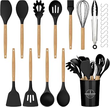 Silicone Kitchen Utensils Set, 22 PCS Silicone Cooking Utensils Set with Wooden Handle, BPA Free, Food Grade Non Stick Coating Spatulas Kitchen Utensils Black