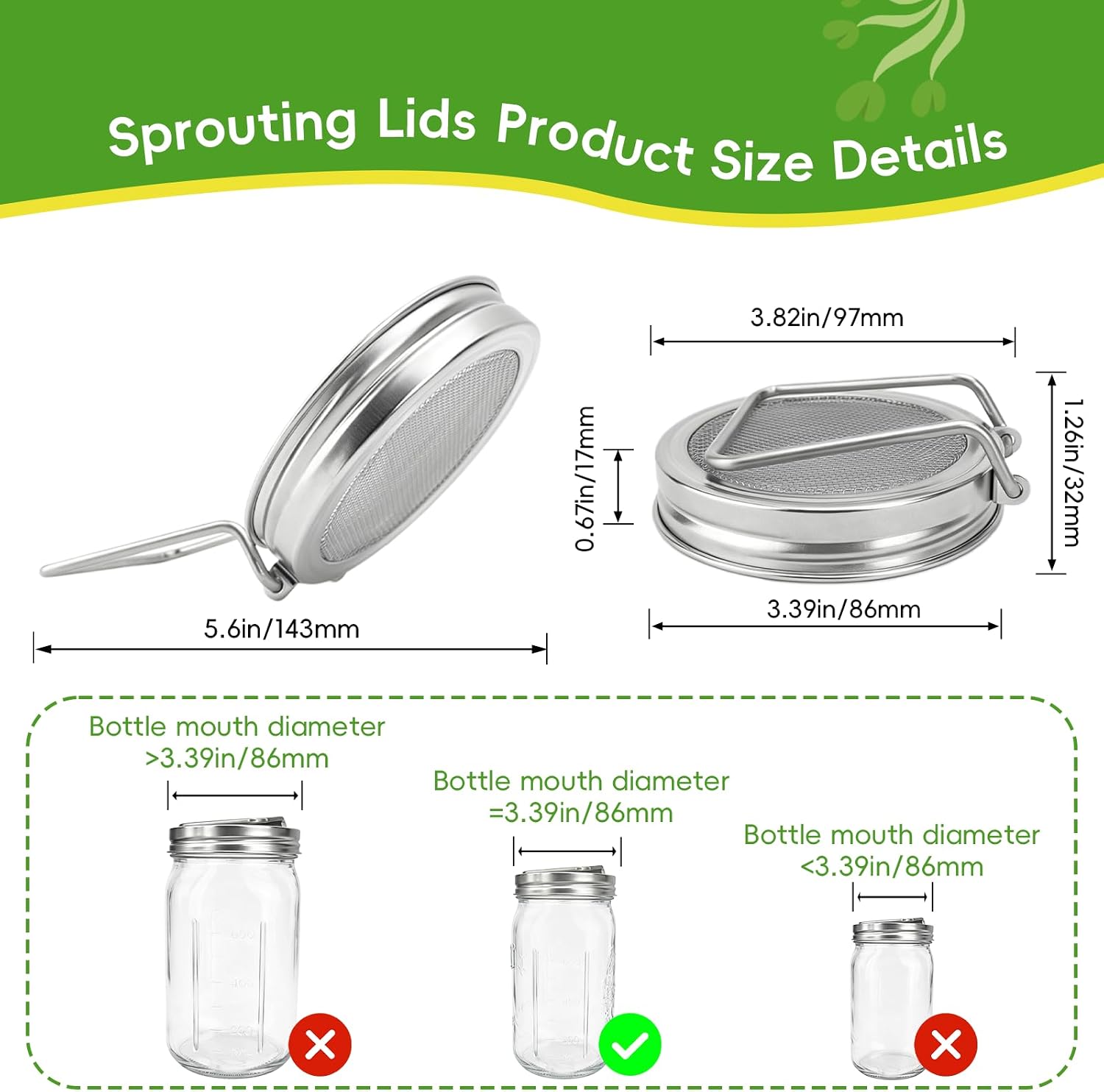 Sprouting Lids for Wide Mouth Mason Jars,2Pack Reuseable Upgrade 304 Stainless Steel Screen Bean Sprouts Growing Lid Kit for Growing Organic Sprouts Plant Germination Kits,Rust-Proof,Space-Saving